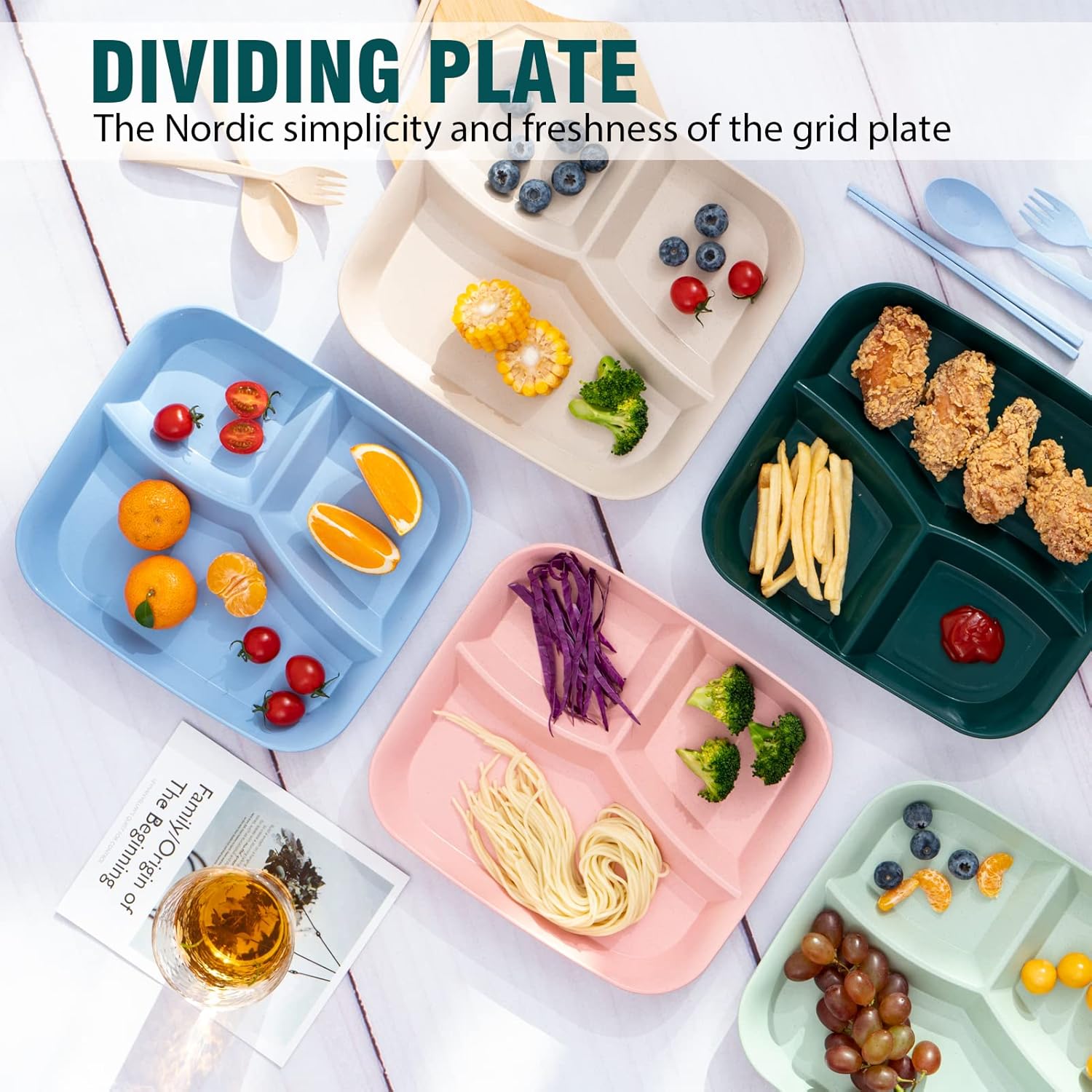 DYB DONGYONGBAO Unbreakable Divided Plates 10 Inch 5 PCS,Reusable Wheat Straw Kids Plates,Microwave And Dishwasher Safe, Perfect For Kids And Adults - Image 4