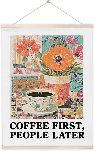 OTKBD Coffee First People Later - Póster artístico de pared Maximalist Retro Flowerpot Espresso Impresiones de lienzo para decoración de pared para