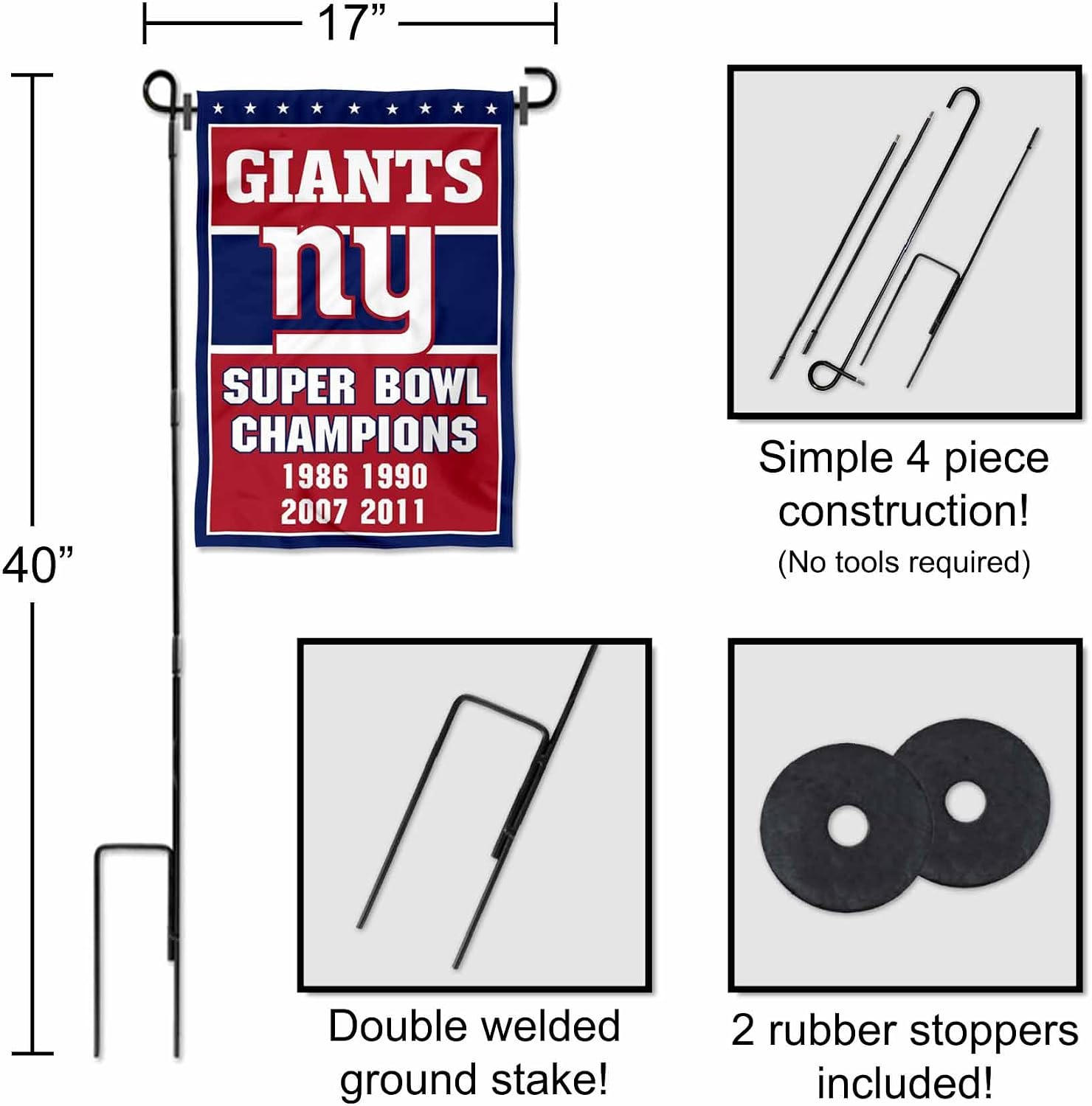 New York Giants 4 Time Champions Garden Flag and Pole Stand Holder