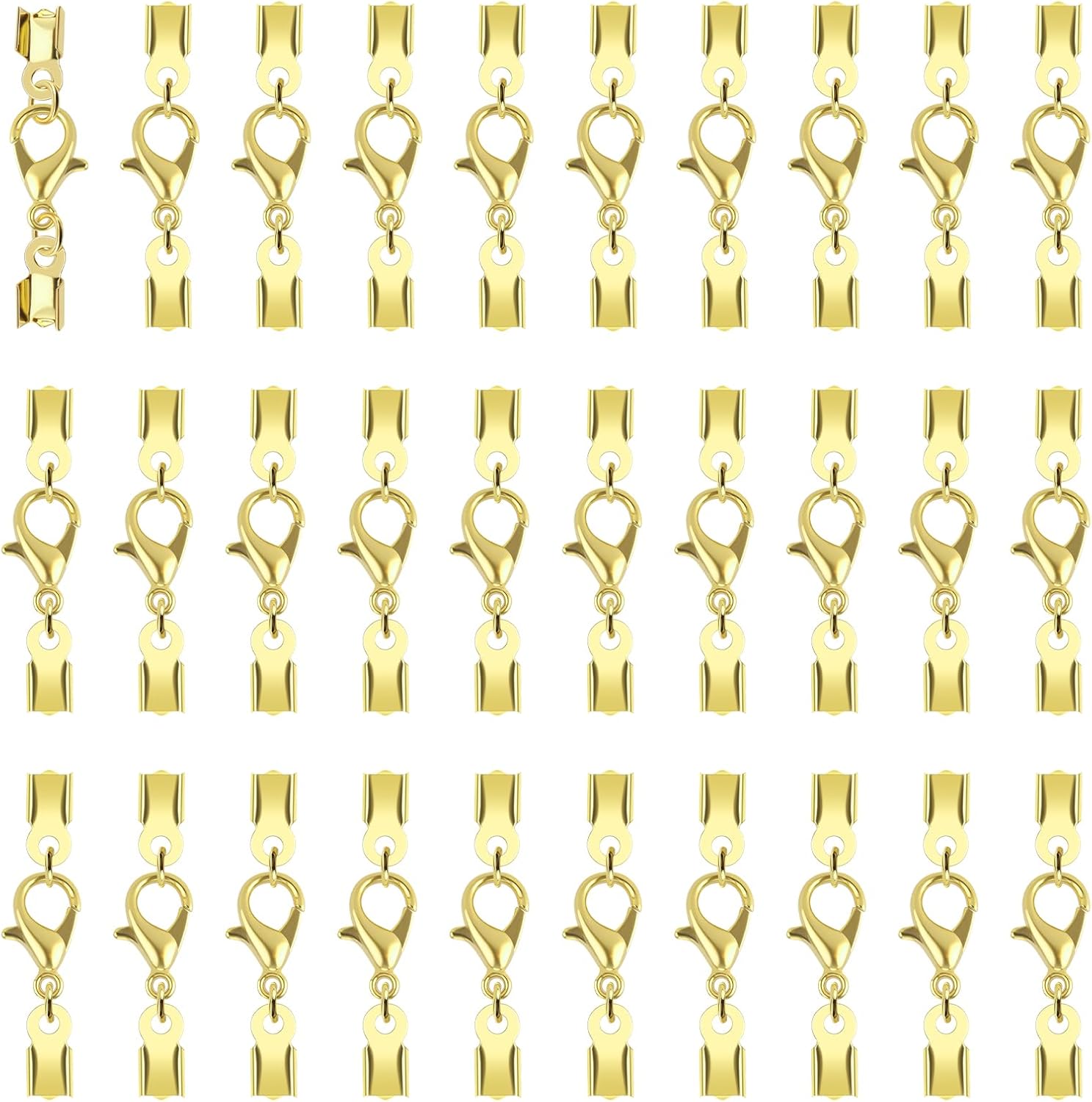 30Sets Fold Over Cord Ends Kit for Jewelry Making Gold Cord End Caps with Lobster Clasp Connector Leather Ribbon End Clasp Tips Caps Jewelry Connector for DIY Bracelets Necklaces Craft Making