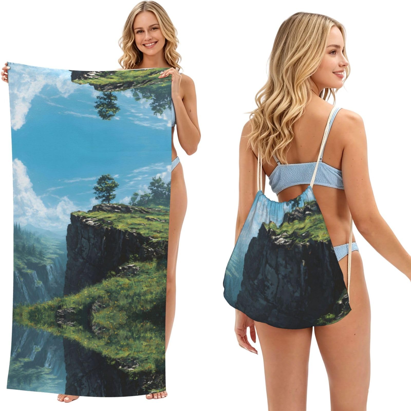 ESNAIUVCD Cliff Print Beach Towel For Adults,Towel With Drawstring Bag, Travel Pool Swimming Sports Shower Sand Free Quick Dry Bath Towel For Pool, Beach, Yoga- 180x60cm