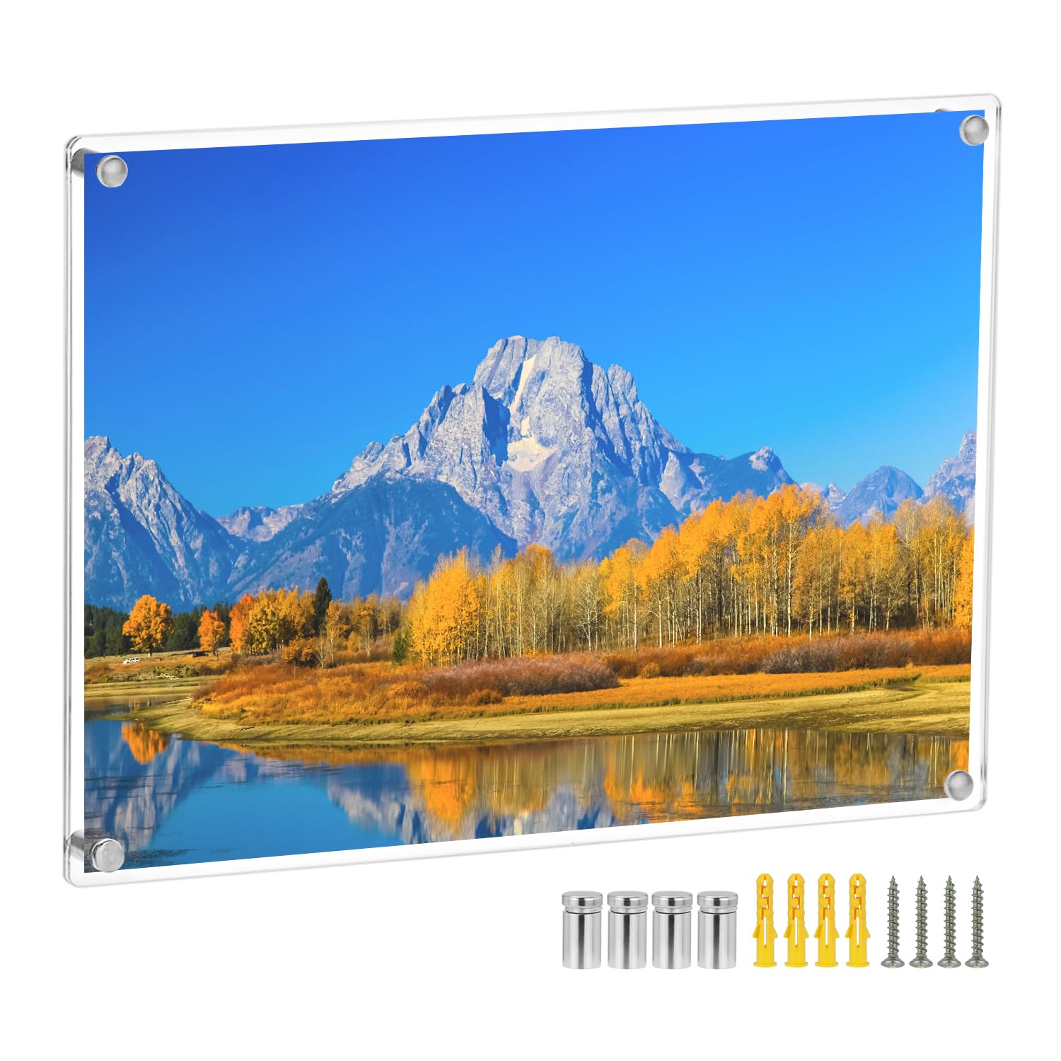 QWORK 8.5x12 Clear Acrylic Floating Frameless Picture Frame - Double Panel, Wall Mount, UV Protection, for Degrees, Certificates, Photos (Full Frame 9.4x13.4 inch)