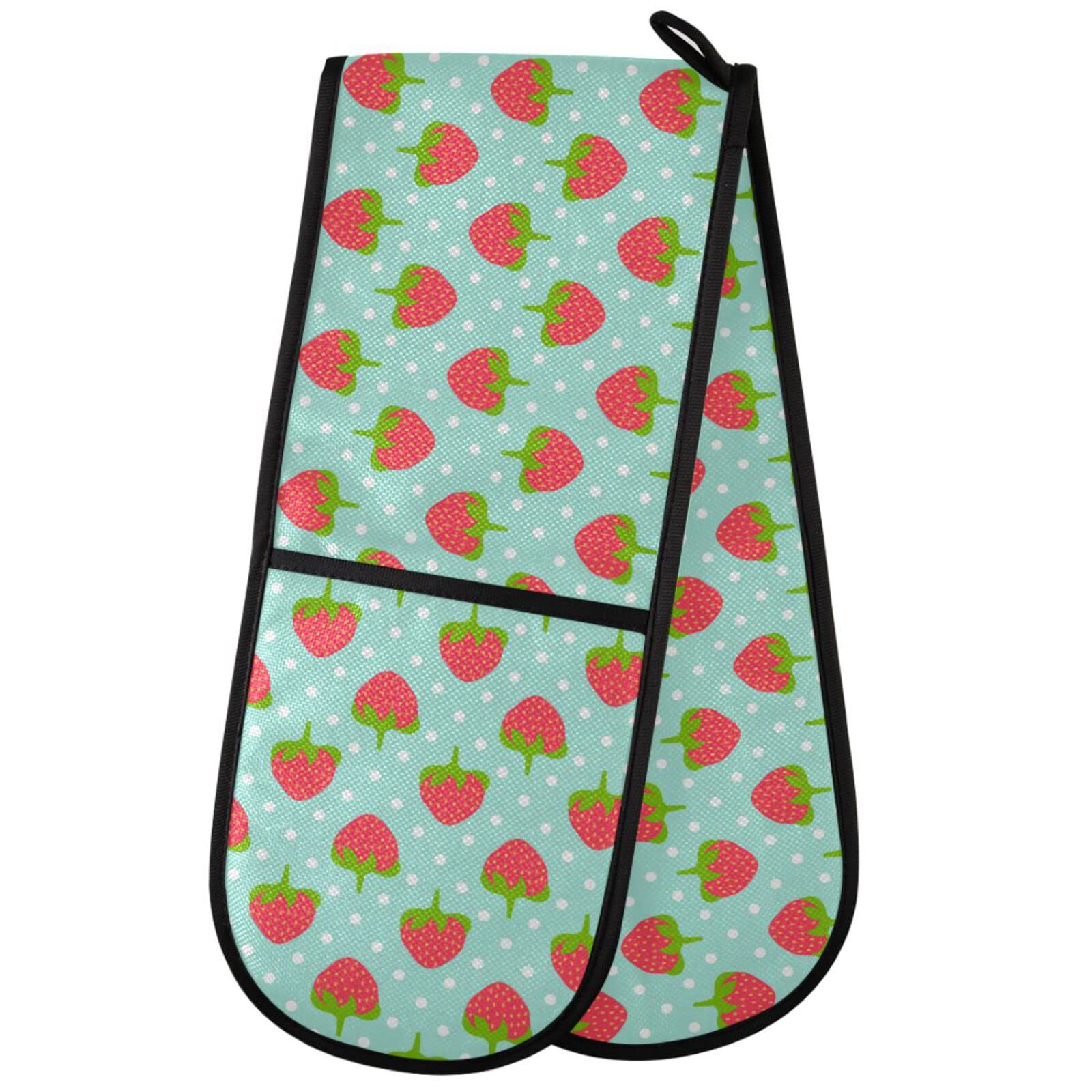 ZZXXB Strawberry Polka Dot Double Oven Mitt Heat Resistant Non-Slip Kitchen Gloves Extra Long 7" x 35" for Cooking Baking Barbecue Grilling โ image 1