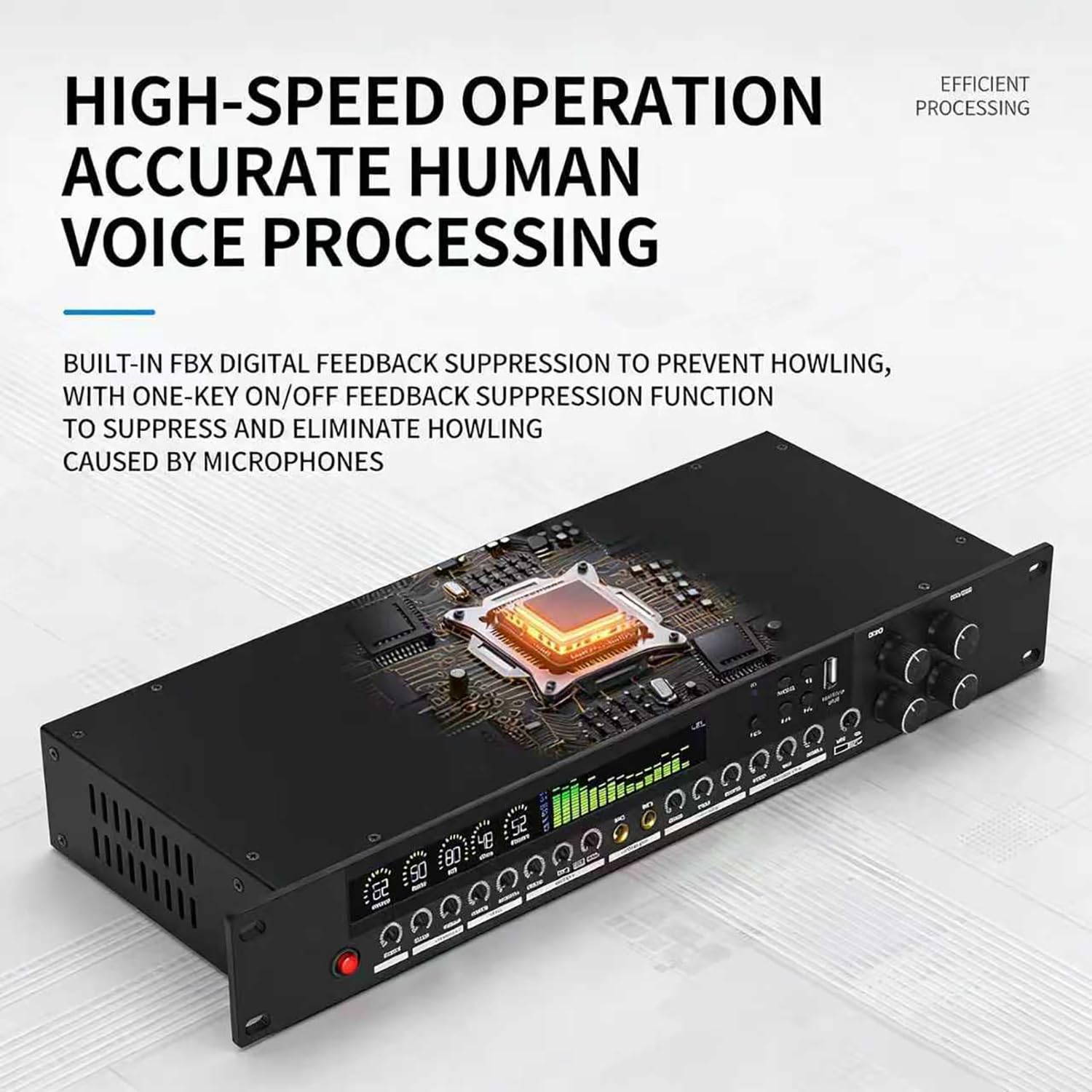 Procesador de audio digital preetapa con ecualizador antiaullidos, pantalla LCD, ritmo de espectro dinámico, efectos ajustables para uso doméstico y escénico