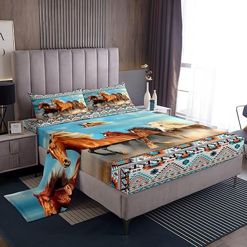 Manfei Juego de sábanas de caballo de tamaño matrimonial, juego de sábanas con temática de animales 3D, 4 piezas con sábana bajera de bolsillo