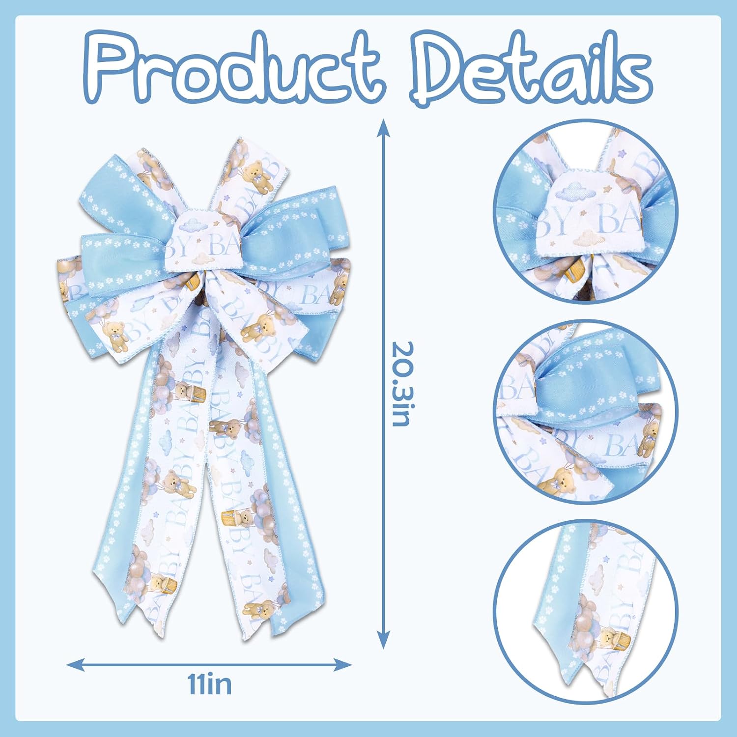 JarThenaAMCS 1 Pc Blue Baby Shower Wreath Bow for Boy Welcome Home Cute Bear Wreath Wired Edge Bow Fabric Crafts Large Bowknot for Front Door Tree Topper Indoor Outdoor Decor, 11 x 20.3 Inch
