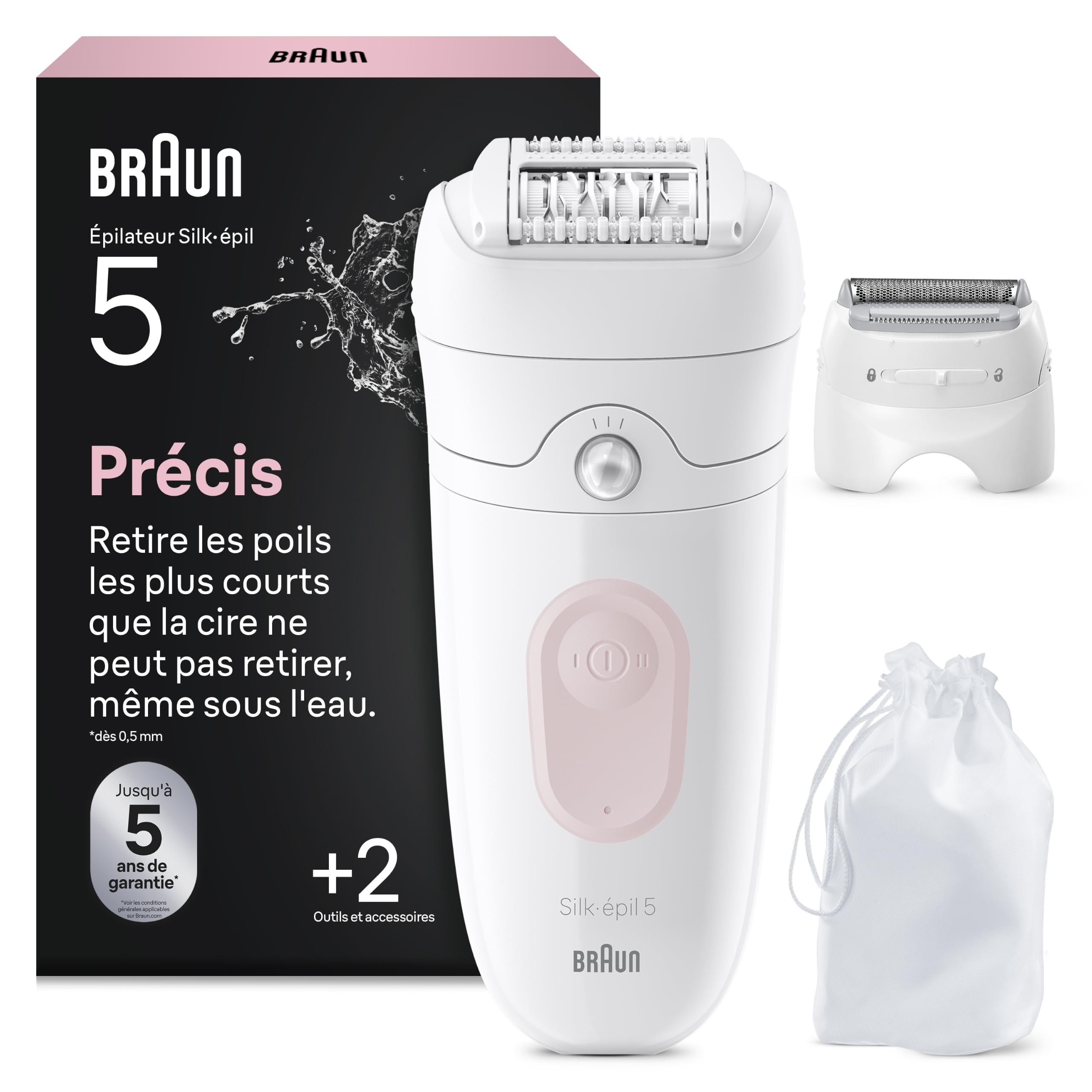 Braun Epilateur Electrique Femme Silk Epil 5, 5-030, Blanc et Rose Flamant – Etanche, sans Fil, Embout Rouleau de Massage, Coffret Epilation avec Tête de Rasage, Sabot Tondeuse