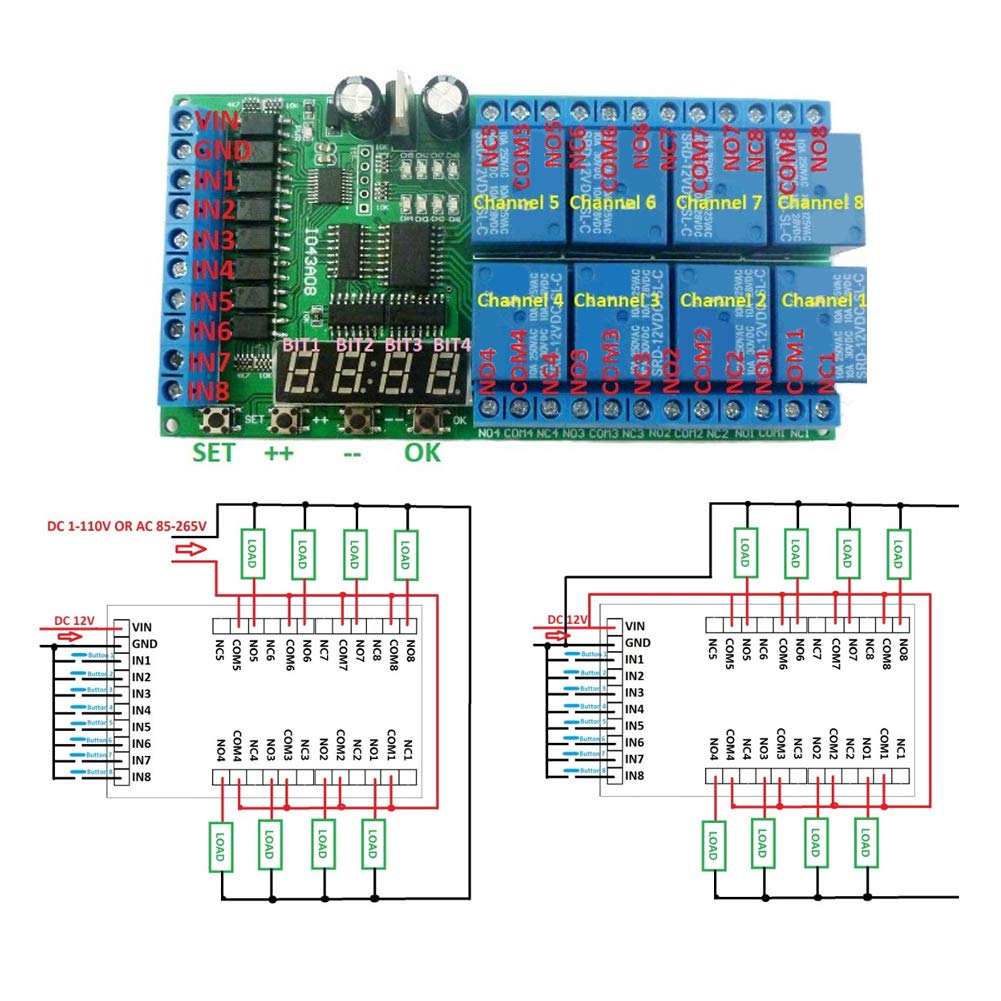 Relais de minuterie, DC 12V Module de relais à 8 canaux Module de relais de temporisation multifonction Carte d'interface Module de commutation de relais de temporisation