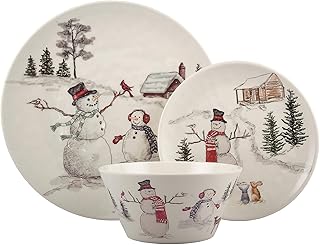 Meadow Lane Melange Snowman Dinnerware Set, 12 Piece Melamine Holiday Dish Set with 4 Dinner Plates, 4 Salad Plates & 4 Soup Bowls – Christmas Winter Snowman Dinnerware Collection