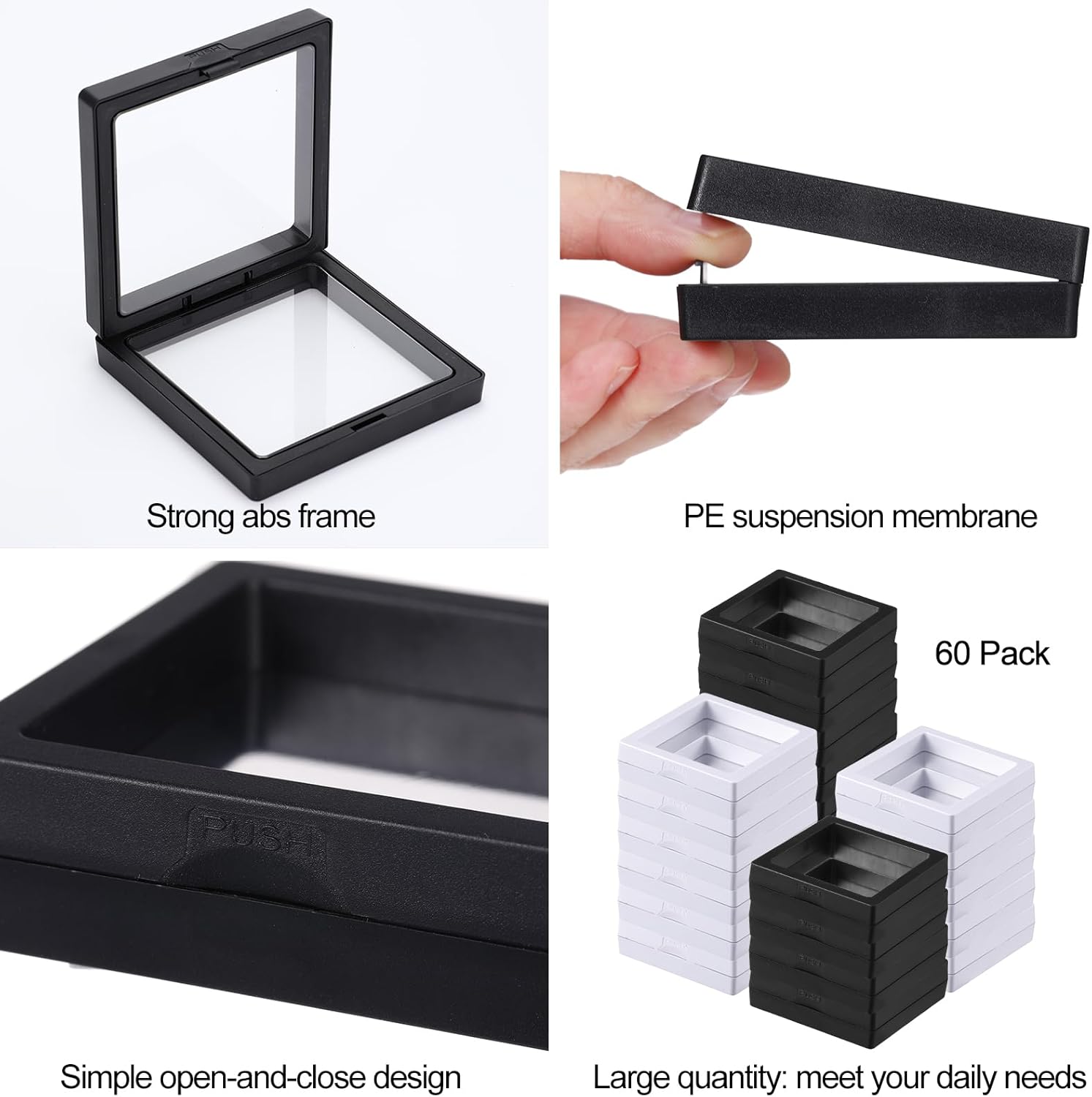 Queekay 60 Pcs 3D Floating Display Case 3.5 x 3.5 x 0.8 Inch Coin Frame Display Holder Stands for Antique Challenge Coins, Jewelry, Shells, Gems, Minerals, Rocks, Specimen, Pins (Black, White)