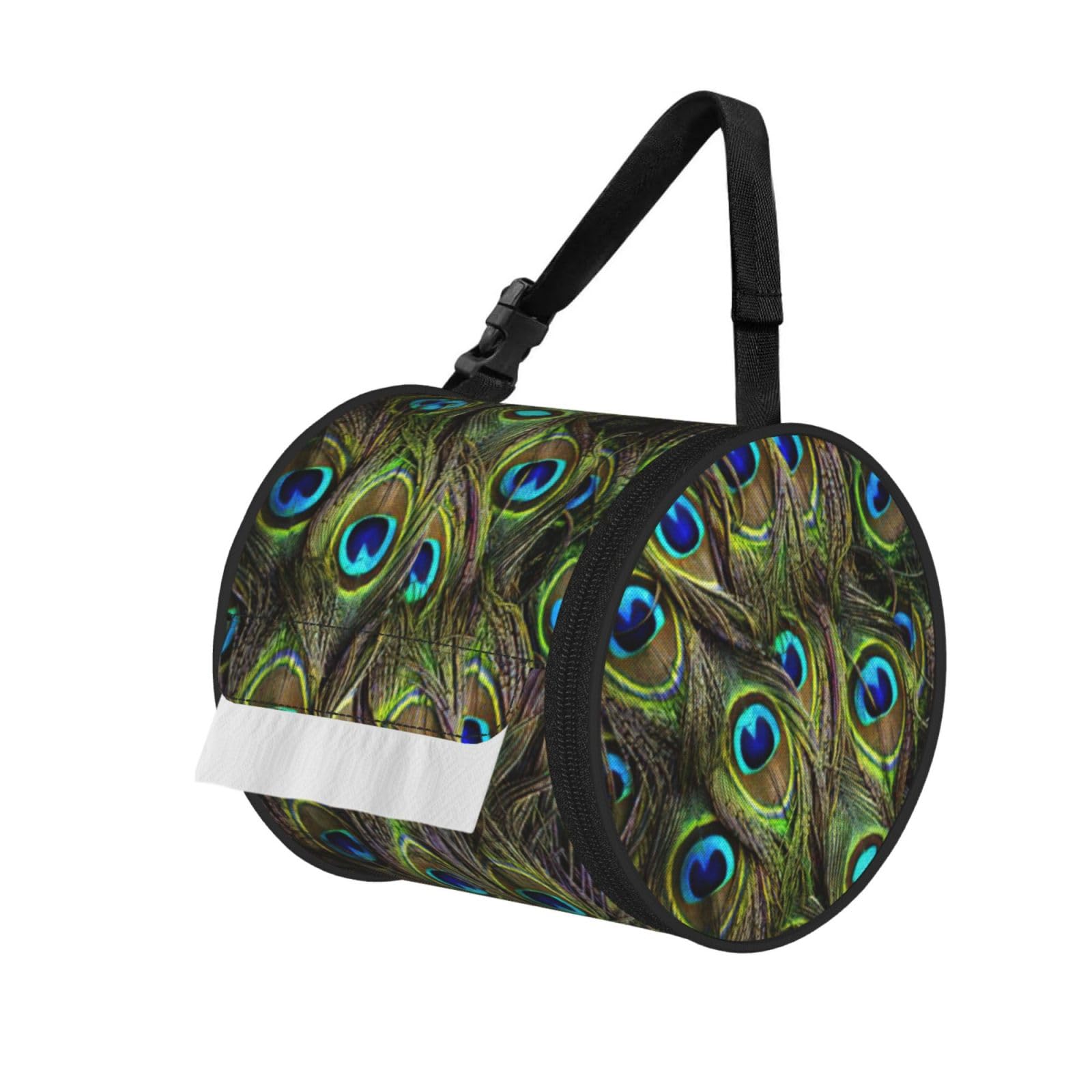 Fresh peacock Printed Hanging Tissue Organizer, Smooth Zipper Oxford Cloth Roll Holder for RV Bathroom Desk