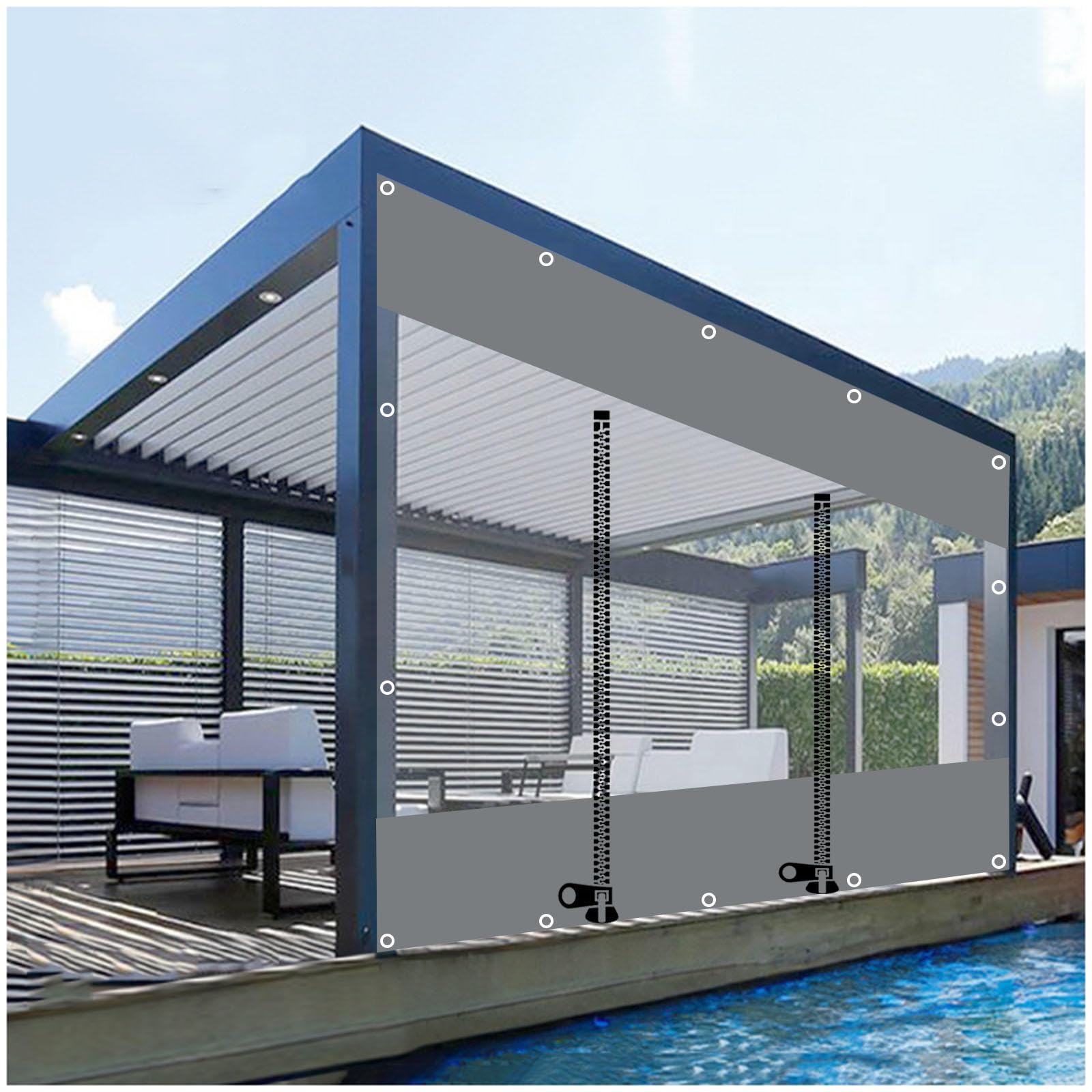 Pavillon-Pergola-Vorhänge für den Außenbereich, mit transparenten Seitenteilen und Reißverschluss-Tür, wasserdicht und transparent, 2,2 x 2 m