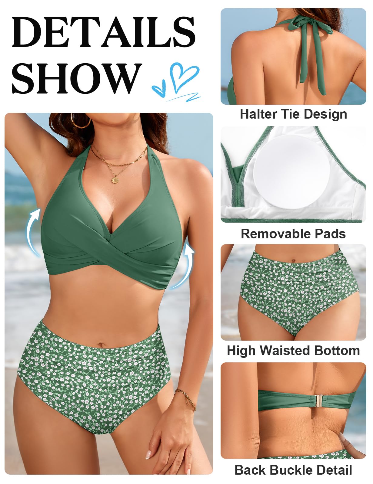 UMIPUBO Maillot De Bain Femme 2 Pieces Taille Haute Gainant Ventre Plat Cache Ventre Col En V Sexy Haut Sans Bretelles Haut À Dos Nu Rembourré Ado Fille Bikini