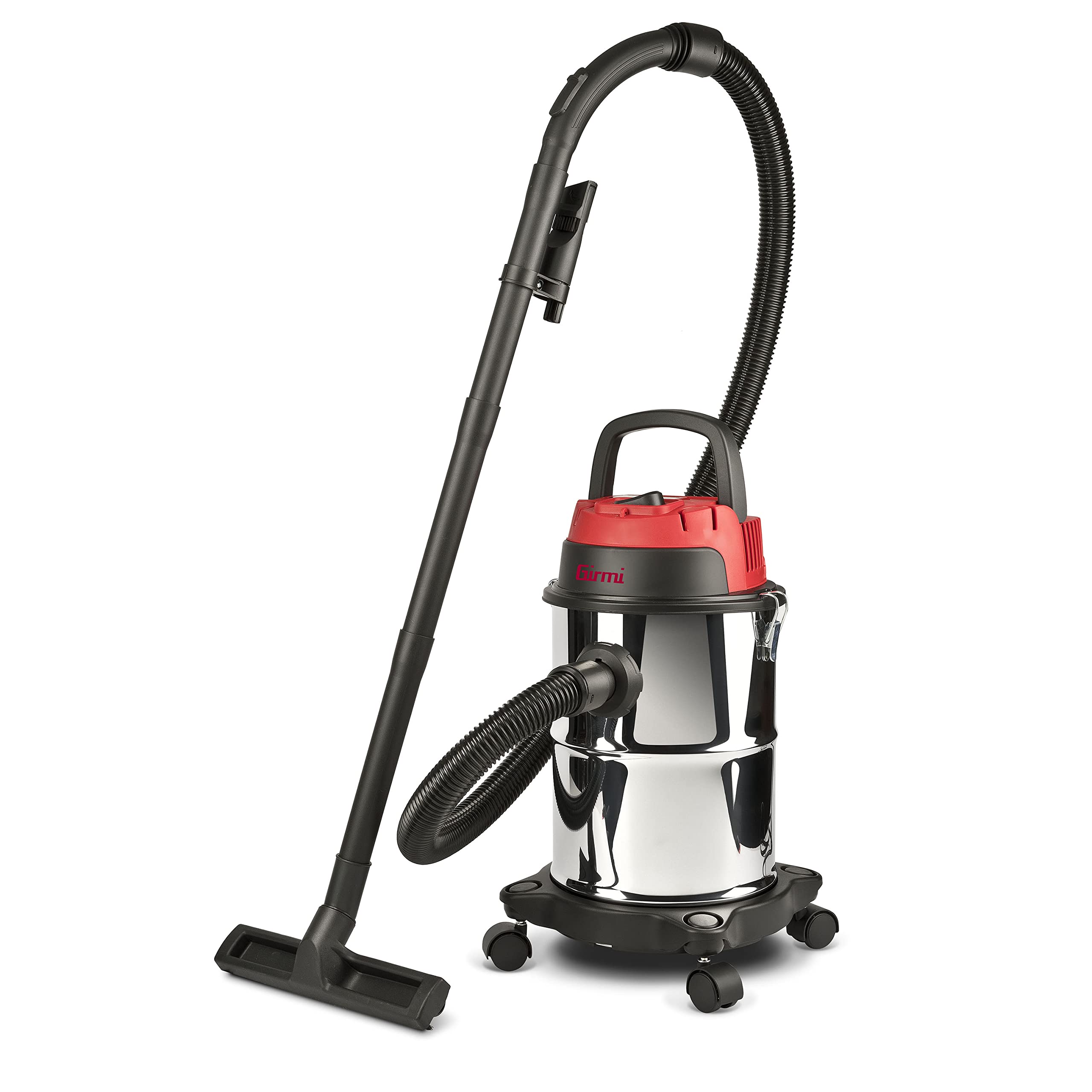 Girmi AP45 Bidone Aspira Solidi e Liquidi INOX, Capacità 15 Litri, Wet&Dry, 1000 Watt, Alta Forza Aspirante 16 kPa, Filtro in tessuto, Accessori inclusi, Rosso/Nero