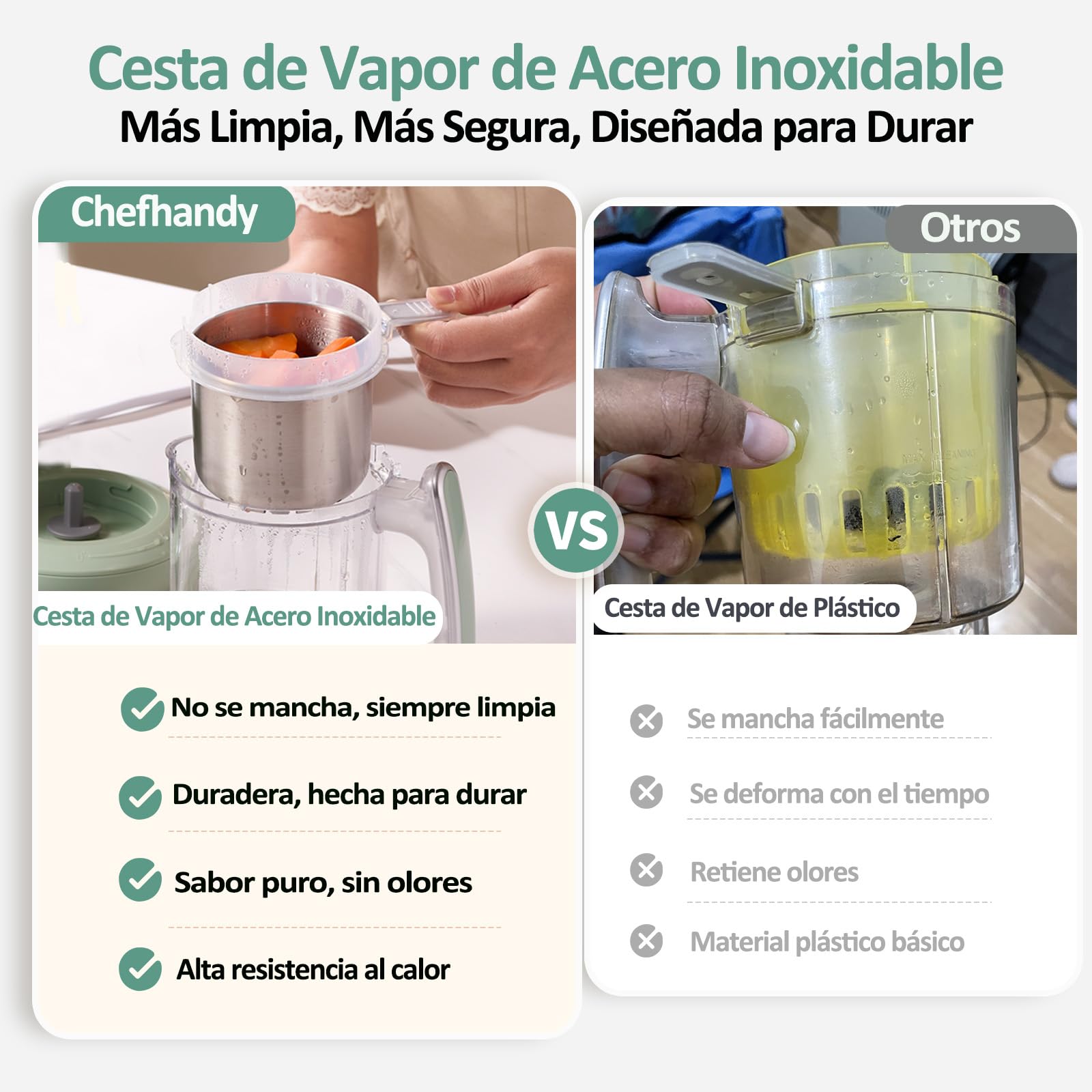Chefhandy Procesador de Alimentos Bebé, Robot de Cocina Bebe para 5 en 1, Licuadora Bebe con Calentador de Leche, Mezcla Automática y Manual, multifuncional para todas las etapas del bebé (Verde)