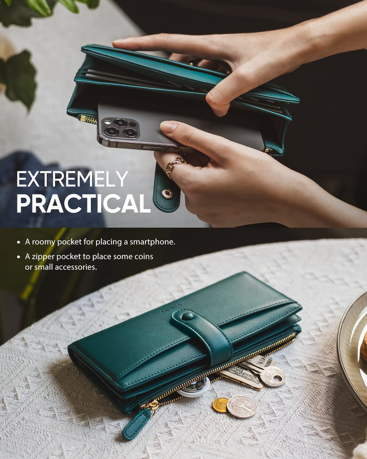 Vulkitty Portafoglio per le donne borsa in pelle di grande capacità RFID blocco carta di credito organizzatore con tasca con cerniera, Verde