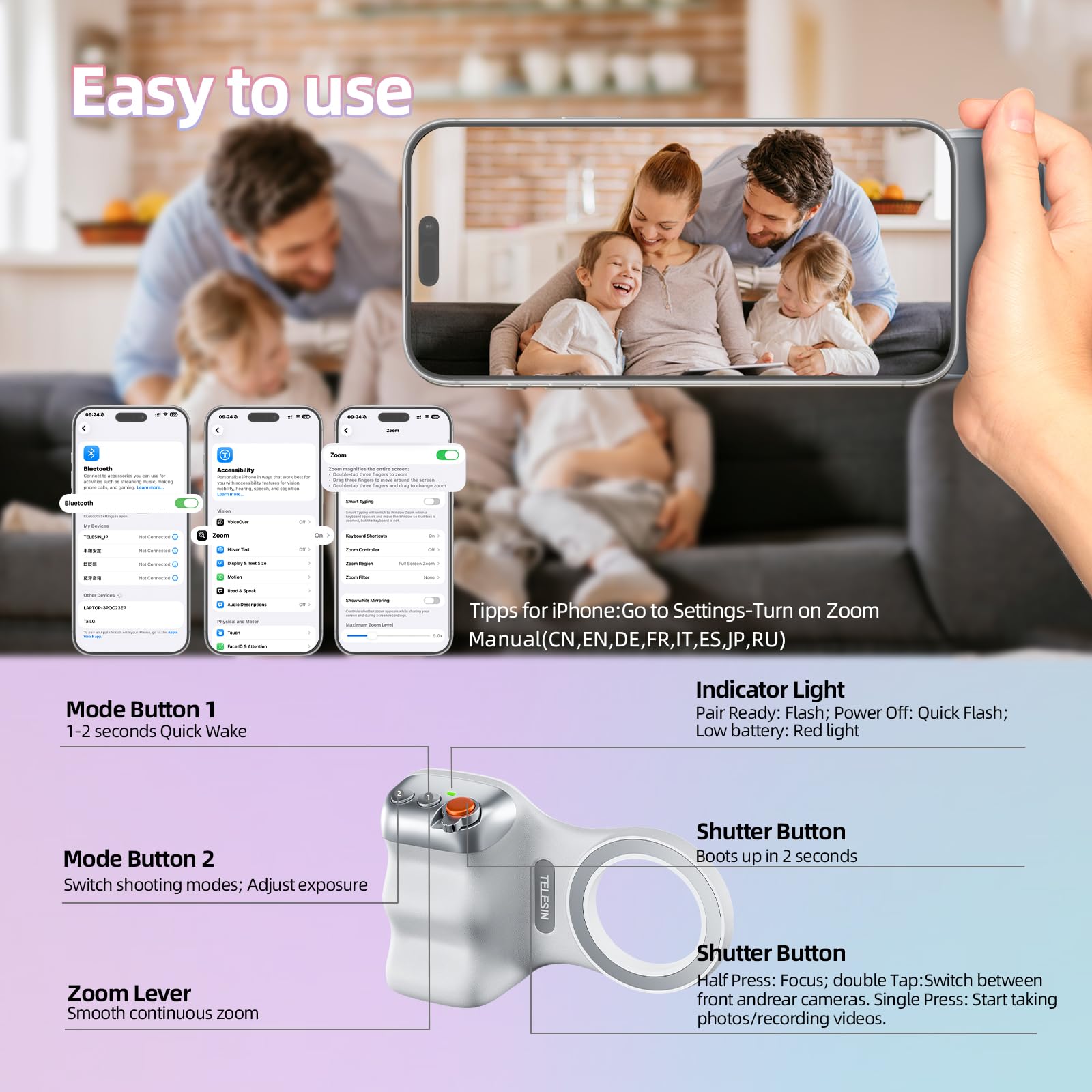 Fun Shot Empuñadura Magnética para Smartphone con Luz de Relleno Magnética RGB,Control Remoto Bluetooth de 10 Metros con Carga USB-C Desmontable,1/4 Rosca,Compatible con iPhone y Android