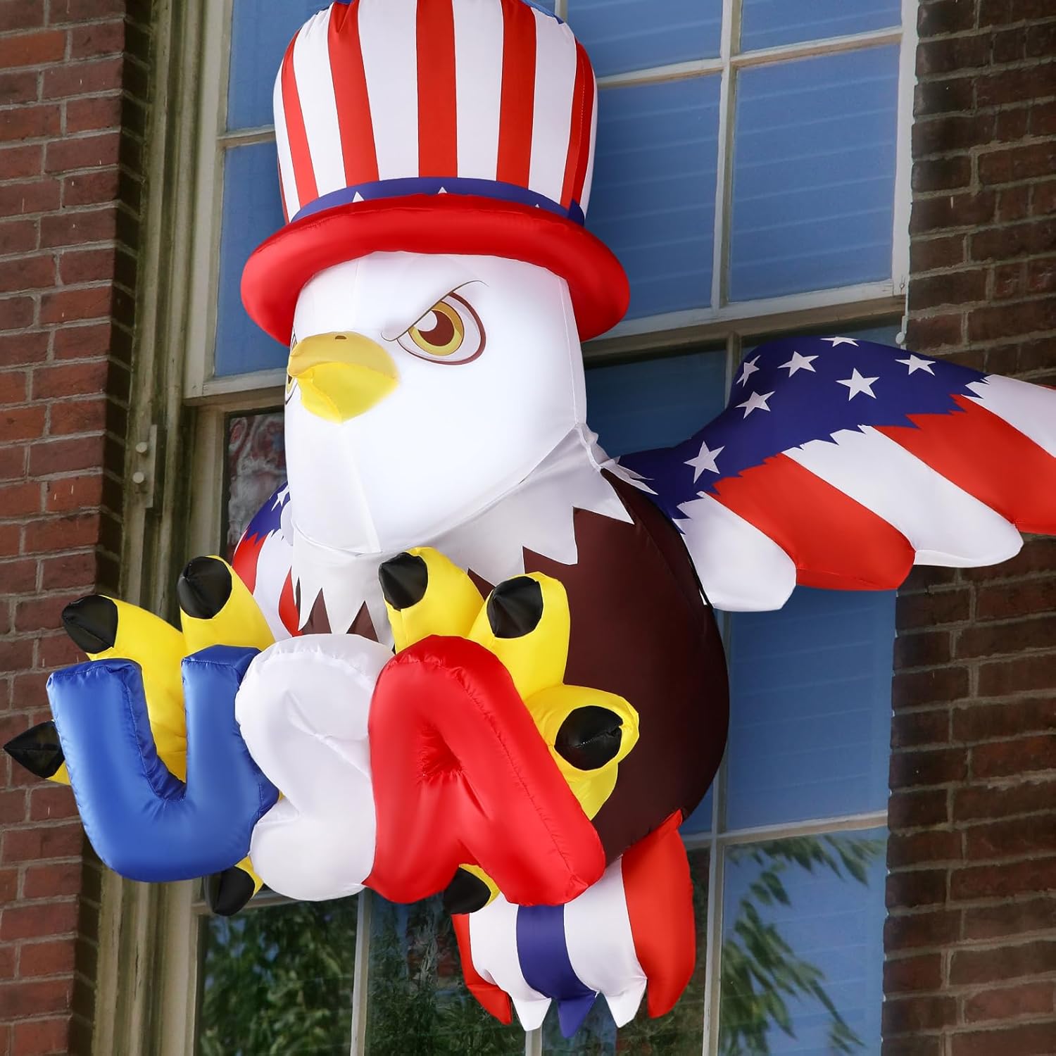 6.6 ft 4th of July Inflatable Outdoor Decoration USA Patriotic Inflatable Bald Eagle Lean out from Window with Built-in LED for Independence Day Garden Lawn Indoor Party Decor