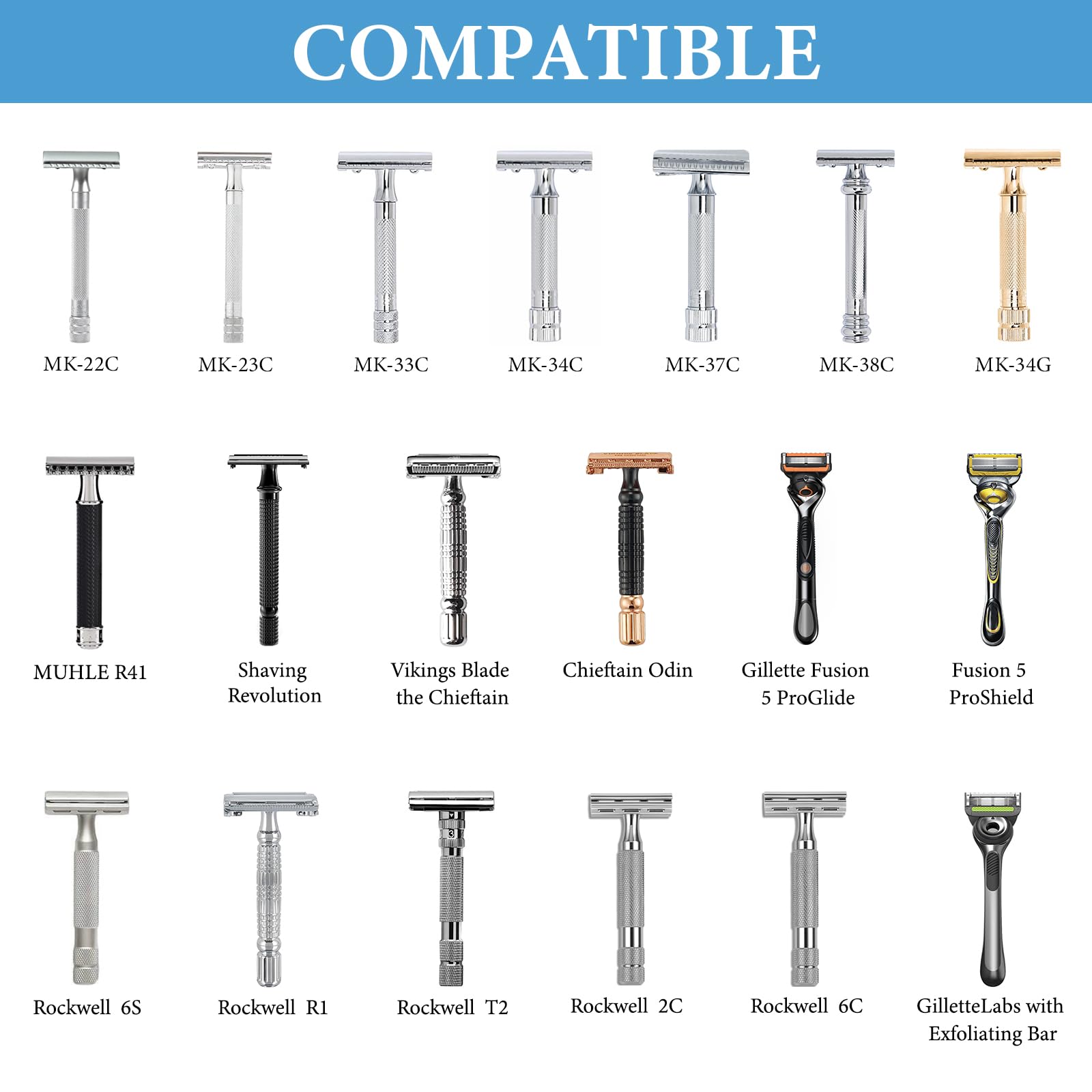 Linkidea Supporto per rasoio di sicurezza da uomo, compatibile con Vikings Blade the Chieftain, Merkur 34C, 700002, 23C, 38C, organizer per strumenti da barba per bancone del bagno (argento)