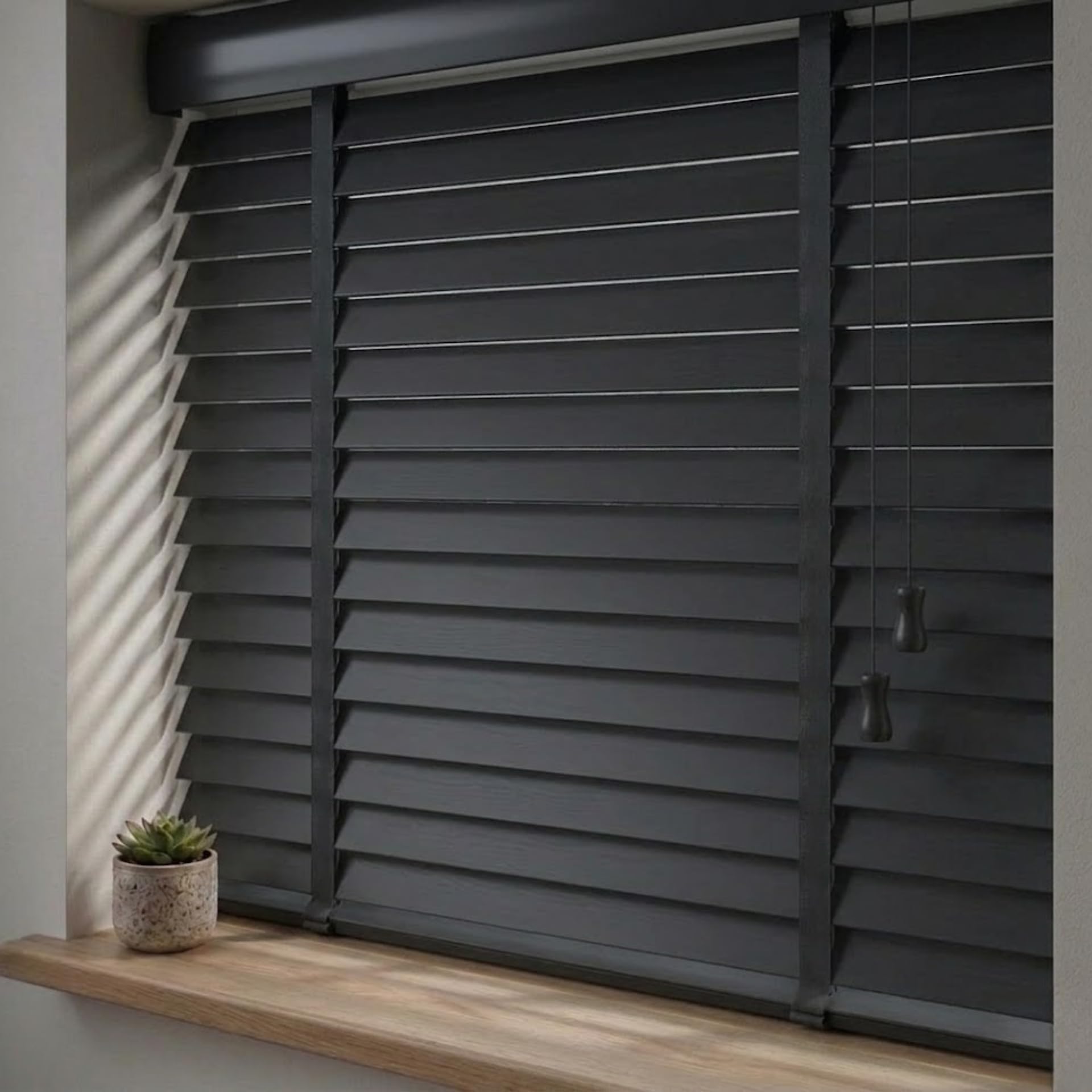 Rehan & Co Custom Made to Measure Faux Wood Blinds Wooden Grain window Venetian Blind 50mm Horizontal Smooth Slats Child Safe Window Blind (Dark Grey Tape, 150Wcm x 213Hcm)