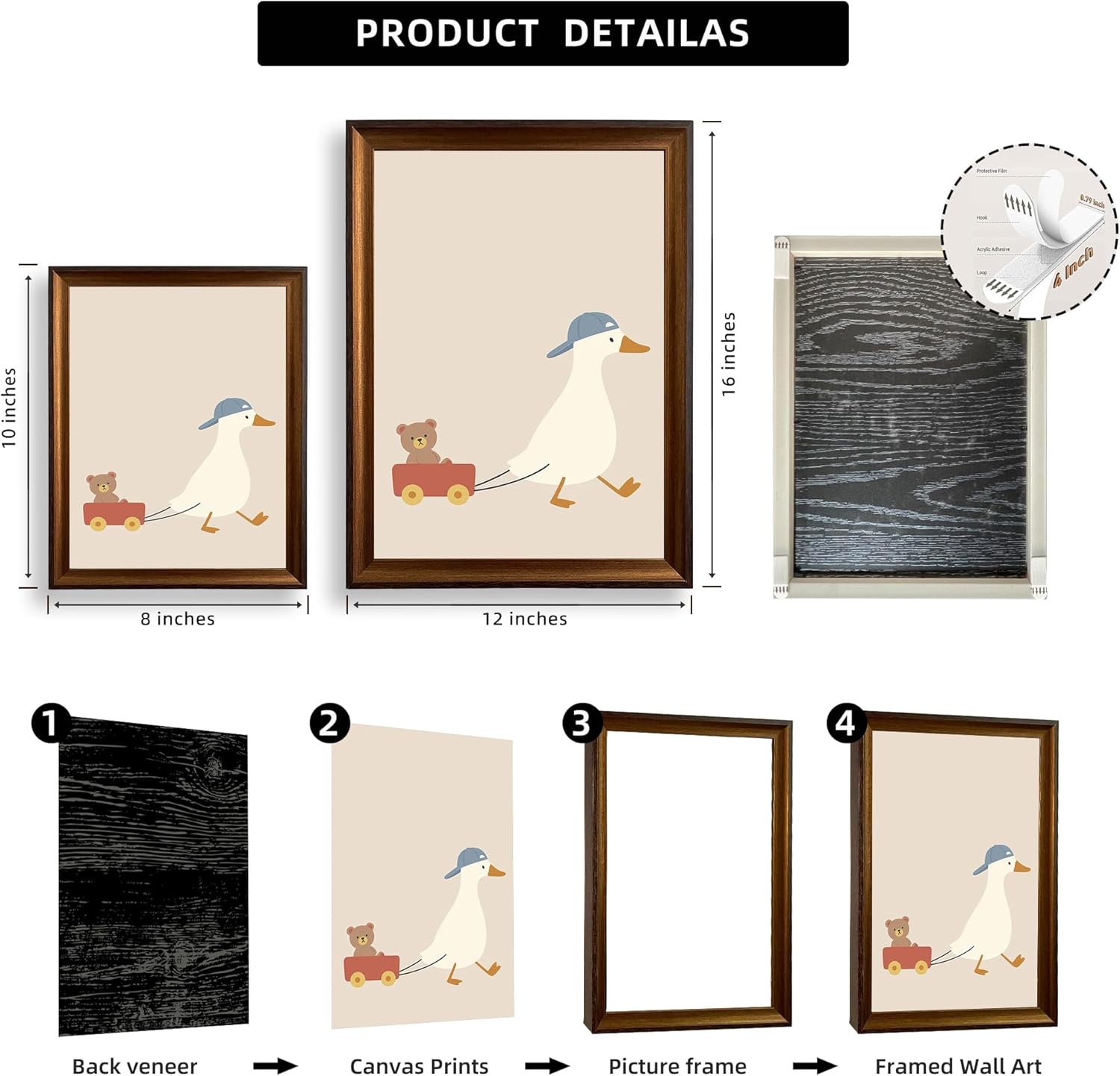 Framed Cute Goose Wall Art Funny Goose Pulling Toy Duck Canvas Print Minimal Nursery Animal Wall Decor for Kids Room Playroom Ready to Hang 12inx16in