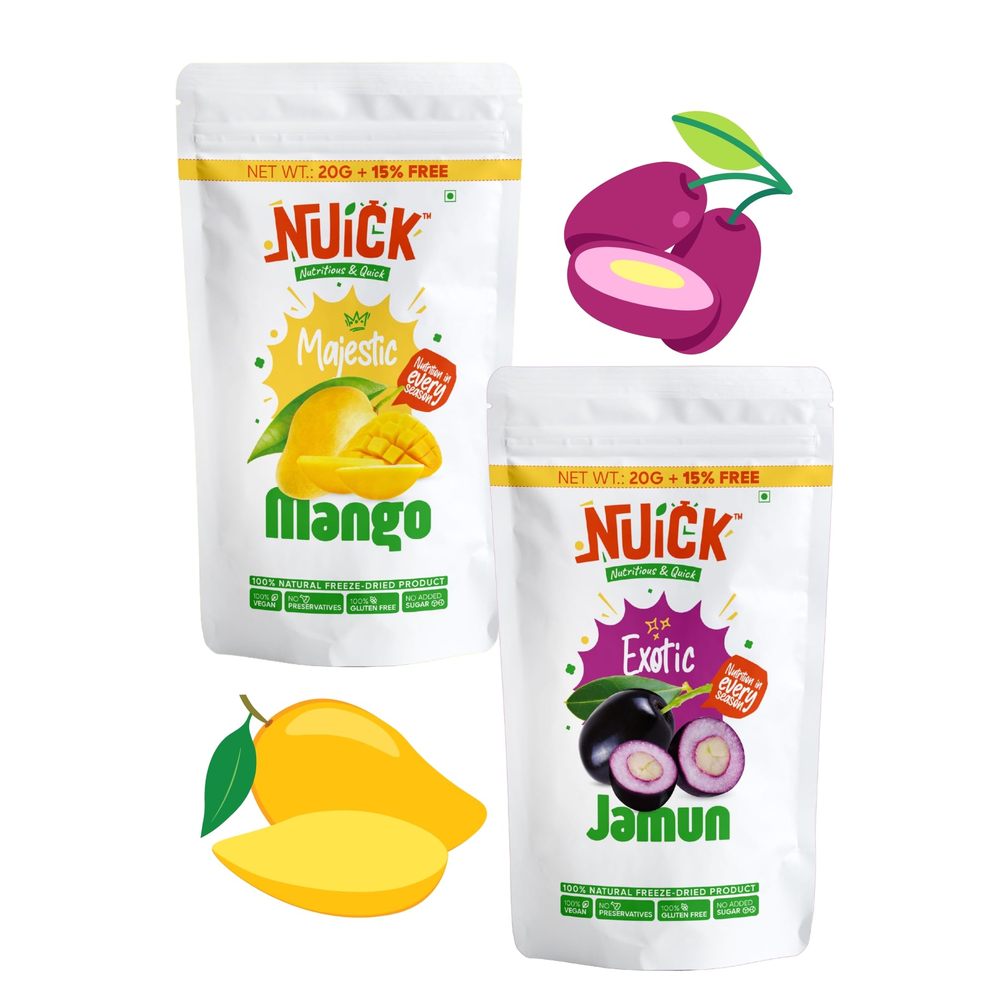 NUICK Combo of Freeze Dried Mango and Jamun | Pack of 2 | 100% Natural fruit, No Preservative, No Added Sugar, Not Frozen | Nutritious and Crunchy Snacks for Kids and Adults