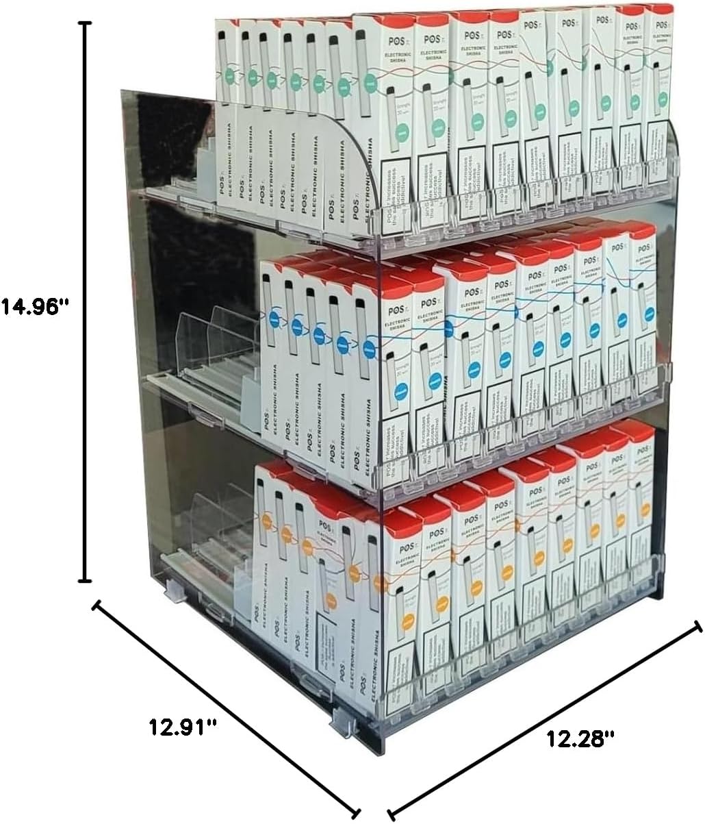 Pos Tuning 30-Facing 3-Tier Pop-Up Display with Auto-pushing system for Slim-Packaged Products, Cosmetics, Vapes, Electronics, to Display on Countertops of Convenience Stores