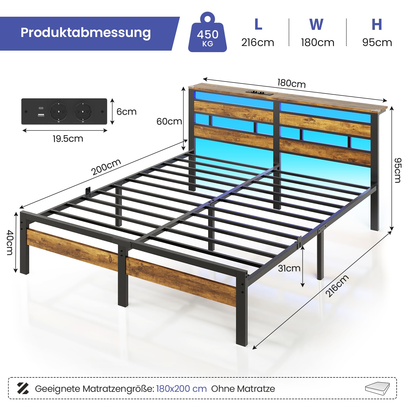Brinlawb Bett 180x200 mit Lattenrost aus Metall, Doppelbett Bettgestell 180x200cm mit LED Beleuchtung und Ladestation (2 AC-Steckdosen, 1 USB-Anschluss und 1 Type-C-Anschluss) Metallbett mit Kopfteil