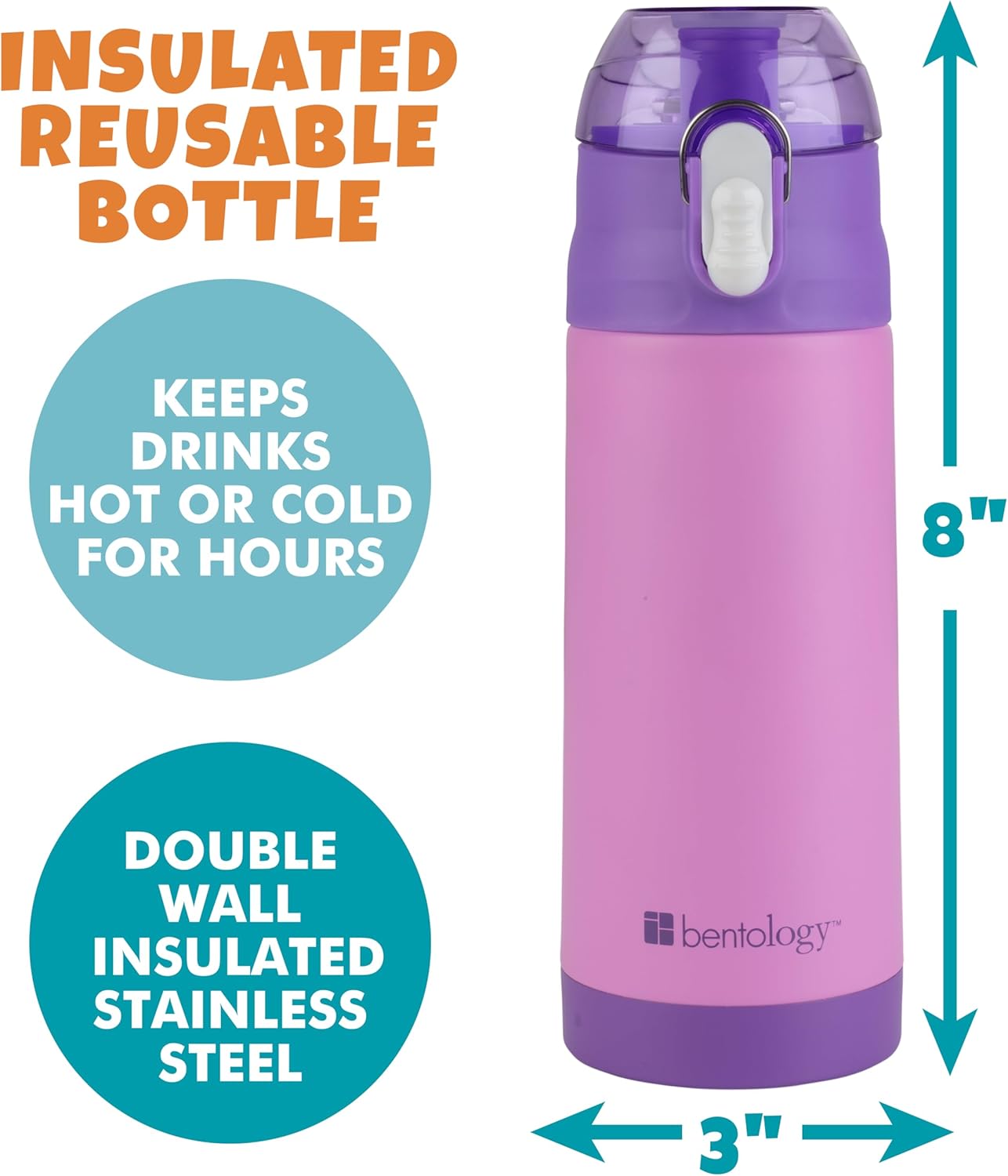 Bentology Stainless Steel 13 oz Reusable Water Bottle for Kids, Pink- Double Wall Insulated, Spill Proof Lid w/Built-in Straw- Keep Liquids Hot or Cold- Easily Fits in Lunch Boxes & Bags - Image 3