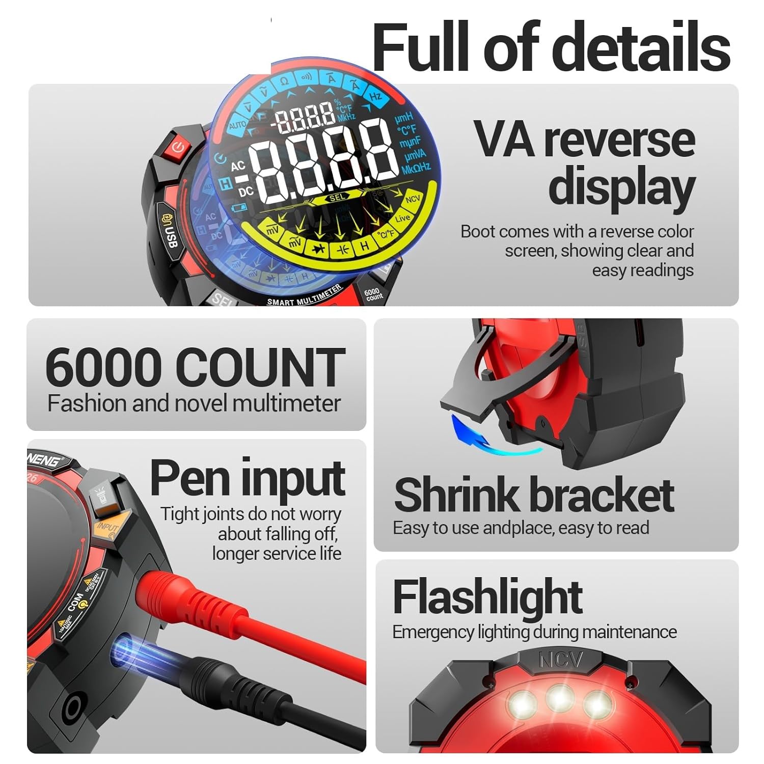 626 High Precise Digital Multimeter with 6000 Count VA Color Voltage Current Detector LCD Display Tester