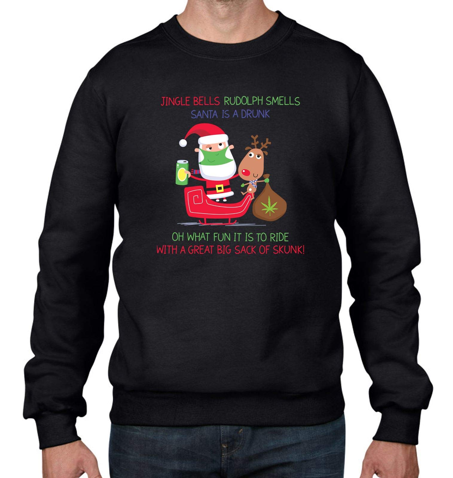 Tribal T-Shirts Santa Skunk Cannabis Weed Funny Mens Christmas Jumper (Large, Black)
