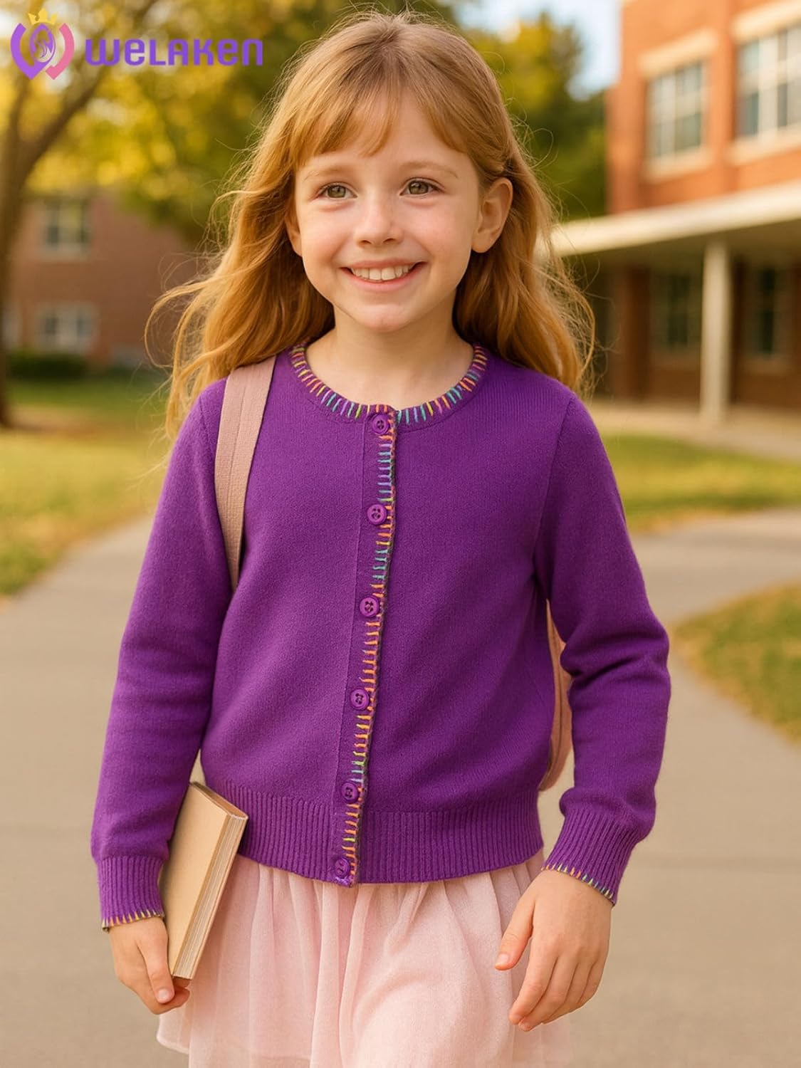 Girls Knit Cardigan – Soft Lightweight Sweater with Rainbow Trim for School or Layering - Image 9