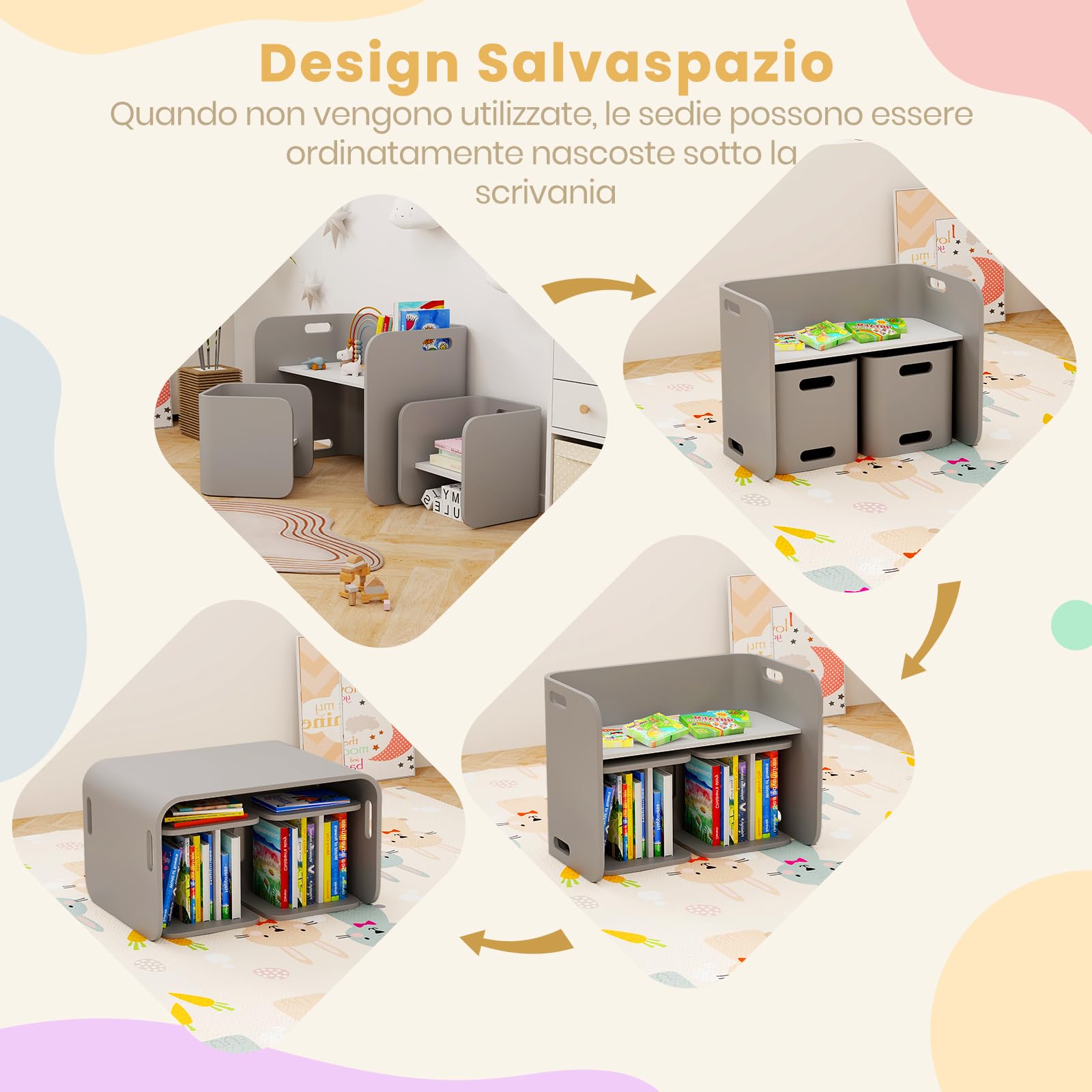 RELAX4LIFE Set da Tavolo e Sedie per Bambini con Design Multiuso, Tavolo/Scrivania/Panca con Schienale/Tavolino Laterale 4 in 1, Salvaspazio, in Legno di Betulla (Grigio)