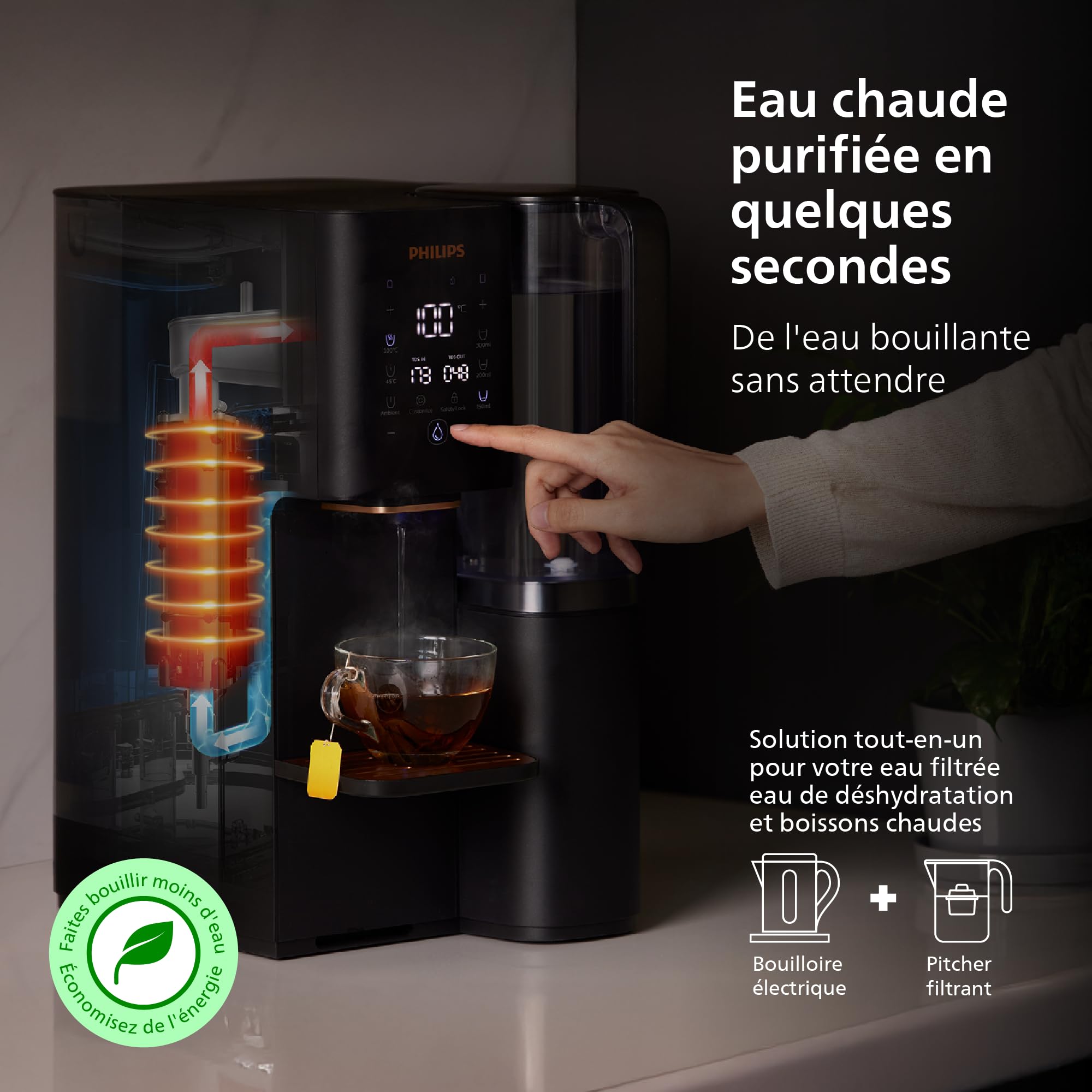 Philips Distributeur d’eau à osmose inverse 7000: Eau chaude/froide filtrée en secondes, minéraux préservés, filtration RO 6-en-1, >110 contaminants réduits, ratio 3:1, UV-C, sans installation, 2000 L