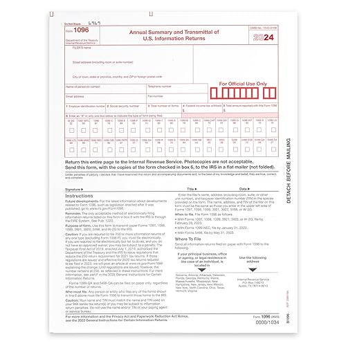 1096 Transmittal 2024 Tax Forms, Pack of 25, for Laser