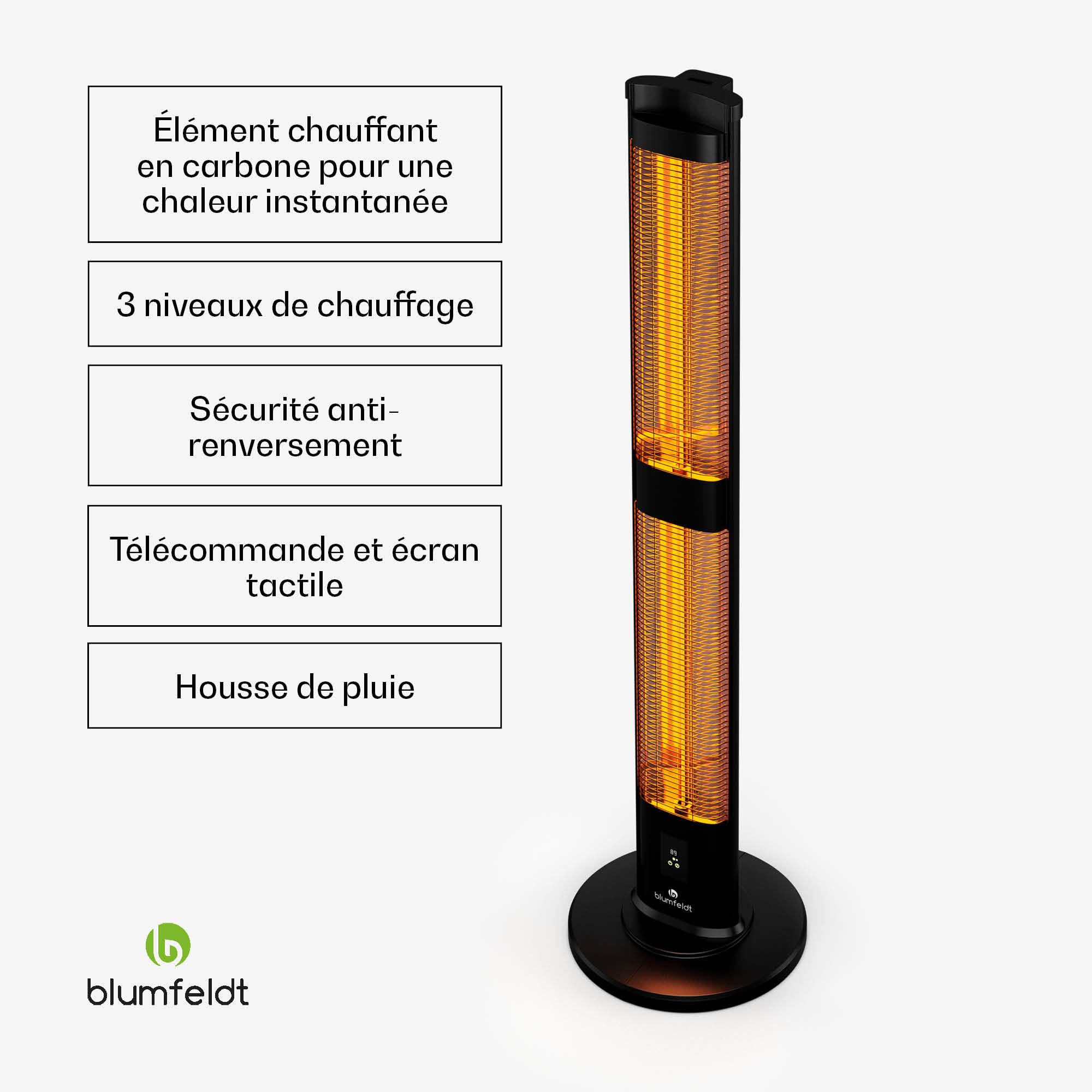 Blumfeldt BlazeTower radiateur infrarouge - 3000 W, chaleur réglable, IP45, protection anti basculement, télécommande & minuterie 24H - idéal pour terrasse & jardin