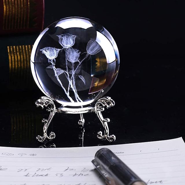 HDCRYSTALGIFTS 3D Carving Rose bouquet Crystal Ball Glass Sphere Display Paperweight with Sliver-Plated Flowering Stand,2.4inch(60mm)