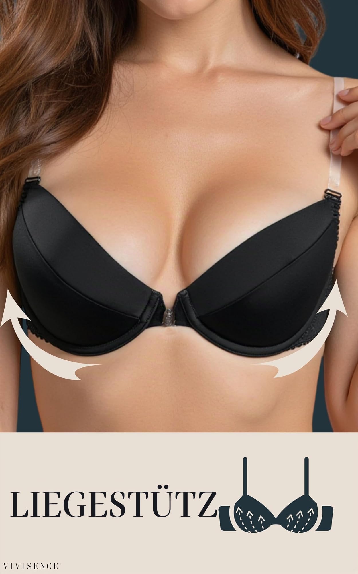 VIVISENCE Damen Push Up BH Rueckenfrei Mit Frontverschluss Gepolsterte Cups Abnehmbare Transparente Traeger Fuer Abendkleider