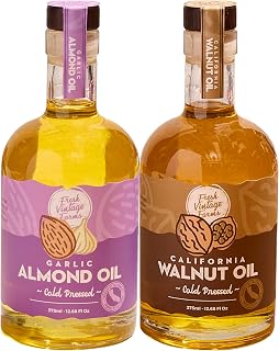 Fresh Vintage Farms Nut Bundle 100% Cold Pressed Walnut & Garlic Almond Cooking Oils | Cold Pressed & Nutritious Healthy Oils for Cooking, Baking, Dipping, Salads, & Marinades | 375ml, Pack of 2