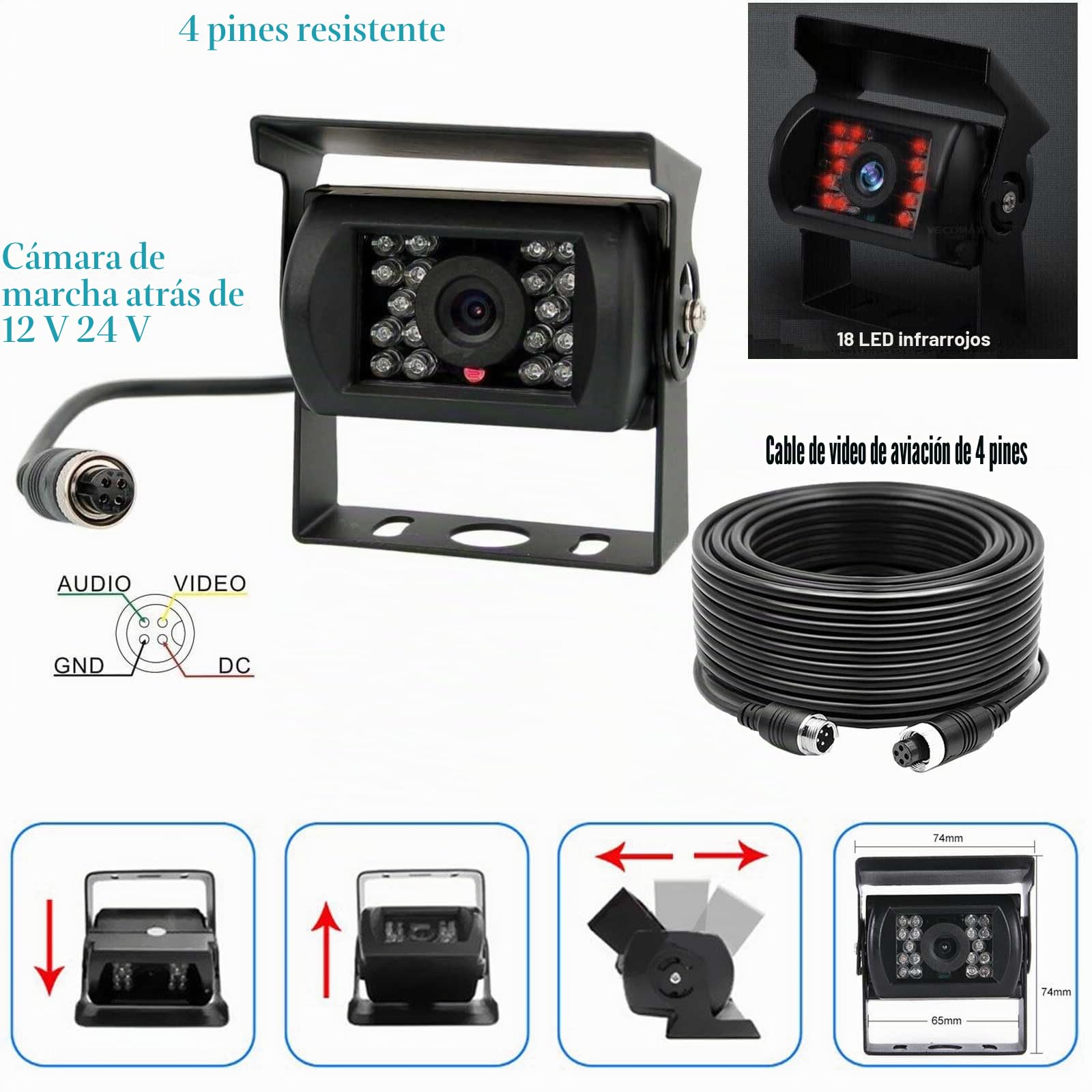 Sistema Cámara Marcha Atrás Vehículo, Monitor 7 Pulgadas + 2 Cámaras | Cámara marcha atrás impermeable visión nocturna IR para autocaravanas, autobuses, remolques, camiones, 12V-24V, Color, HD