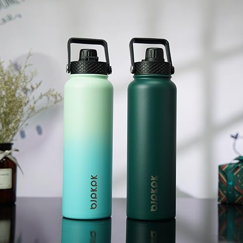Miniatura 5 de BJPKPK Paquete de 2 botellas de agua aisladas con tapas con pajilla, botella de agua de metal de acero inoxidable de 40 onzas con 6 tapas, a prueba
