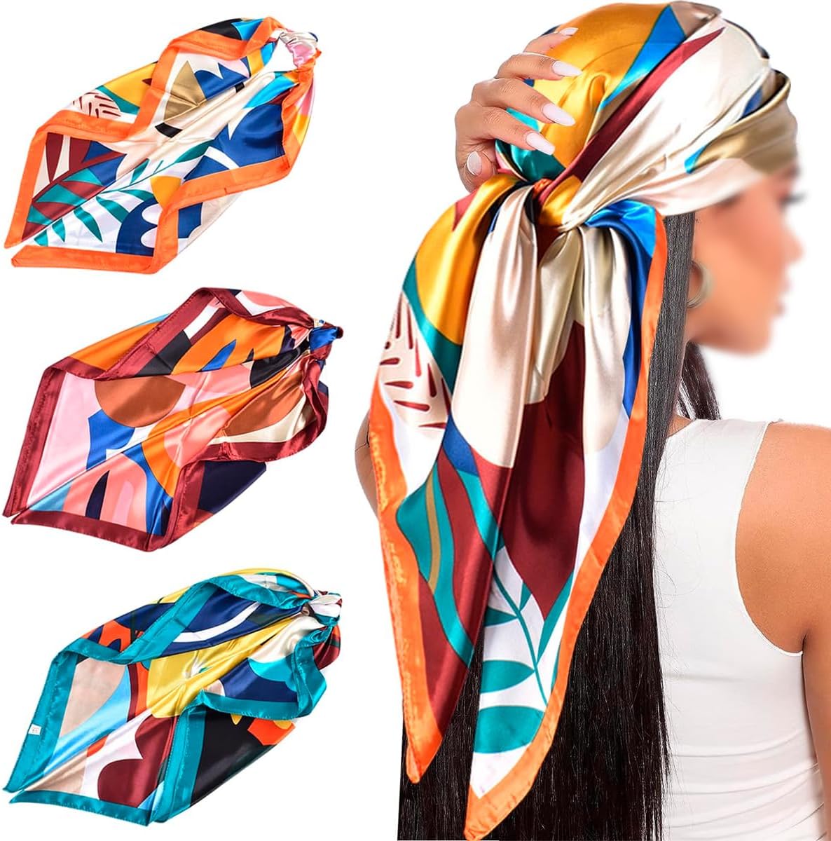 Set 3 foulard Durlo in raso, grandi e quadrati, motivo classico