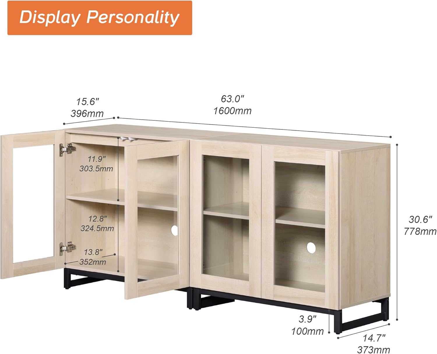 WAMPAT 2 in 1 Sideboard Buffet Cabinets with 4 Glass Doors, Modern Sideboard Credenza with Adjustable Shelf, Coffee Bar Storage Cabinet for Living Room, Kitchen, Light Oak