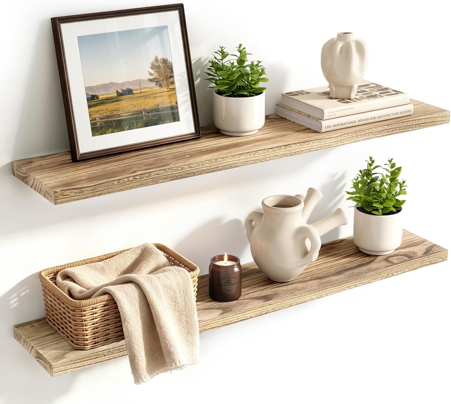 Floating Shelves for Wall, 24 inch Solid Wood Floating Shelves Rustic, Wall Shelves Farmhouse Brown with Invisible Brackets Wall Mounted for Bathroom Living Room Bedroom Kitchen, Set of 2