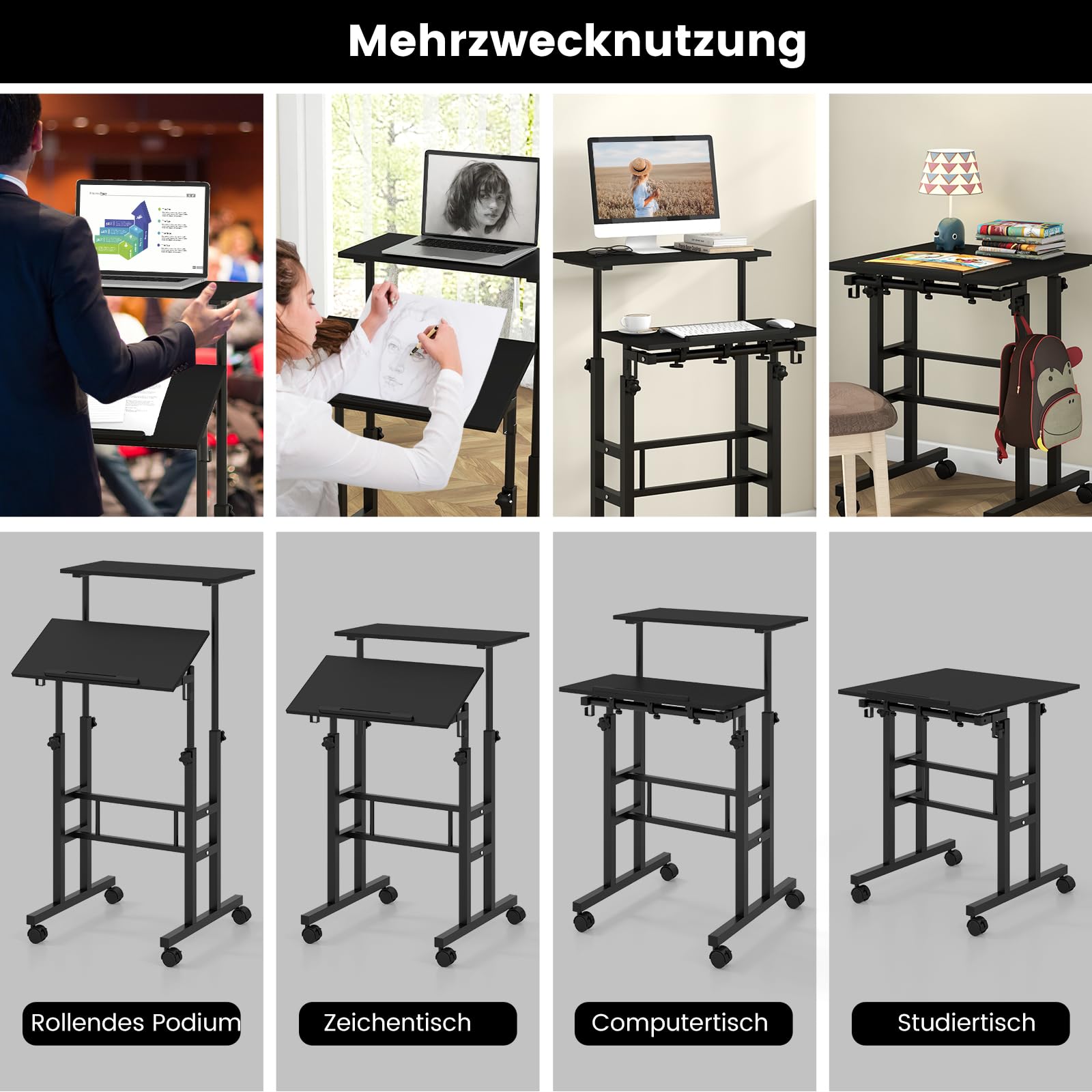 COSTWAY Pulpit stojący z regulacją wysokości, mobilny stolik komputerowy na kółkach, z regulowanym nachyleniem blatu i 2 haczykami, biurko, stolik do pracy na stojąco i siedząco, stolik na laptopa do
