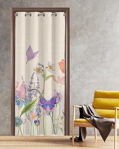 Spring Floral Doorway Curtains - Blackout Curtains 78 Inches Long, Summer Colorful Flower Butterfly Burlap Sliding Door Curtains Grommet Window
