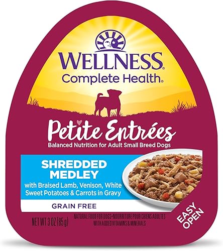 Alimento para perros pequeños Wellness Petite Entrees natural, libre de granos, húmedo, taza de 3oz (paquete de 24)