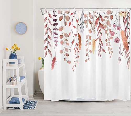 Miniatura 2 de EOBTAIN Cortina de ducha de hojas de plantas de otoño, flores silvestres rosas y hojas marrones sobre blanco, cortina de ducha para baño, cortina de