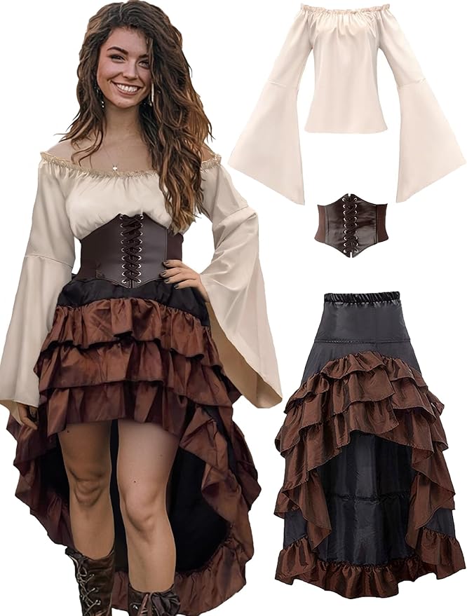 Verceco Pirate Costume Women Outfit with Renaissance Pirate Shirt Skirt Corset Waist Belt Womens Halloween Pirate Costumes (Beige+Brown, M)