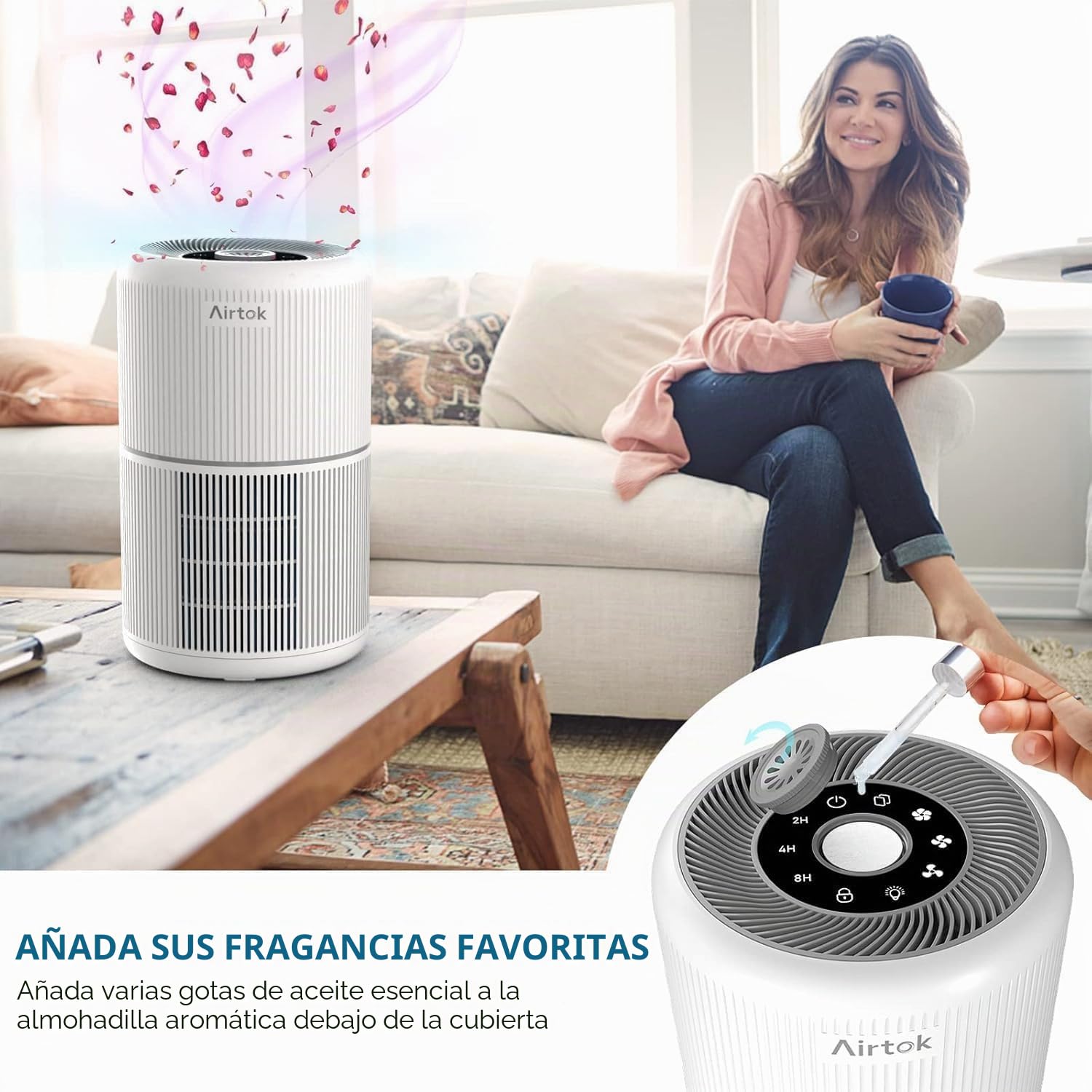 AIRTOK Purificador de Aire, Purificador de Aire Con Esponja de Fragancia, Filtro HEPA Para Alergias, Humo, Caspa De Mascotas y Olores, con Luz nocturna, temporizador, bloqueo para niños, 25dB